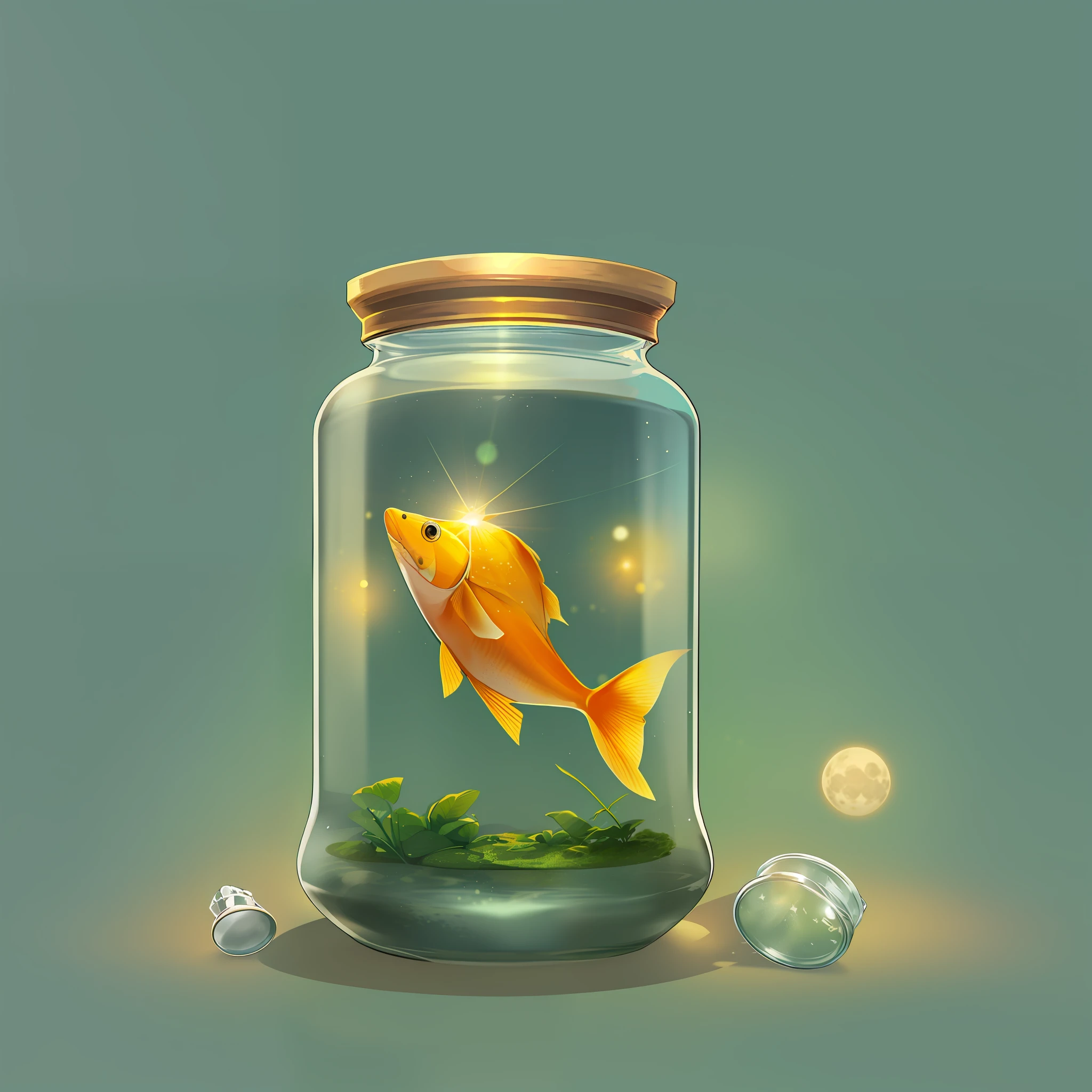 a green liquid in a glass jar with a gold fish on it and a hat on top of it, no_humans, lens_flare, moon, sun, game icon, cartoon style