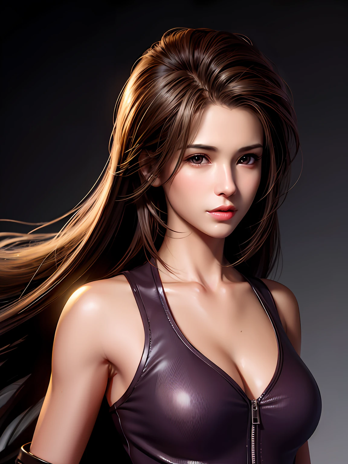 long straight dark brown haired gamer girl leaning into the camera, three-quarter headshot, photo from front above, dark red hoodie, straight hair, large leather gamer headphones, medium breasts, skintight black top:1.2, cleavage, purple bra:1.2, looking at viewer, realistic, 4k, cinematic lighting, perfect, soft lights, intricate details, high resolution skin:1.2, realistic skin texture, realistic face, perfect anatomy, lean girl, fit girl