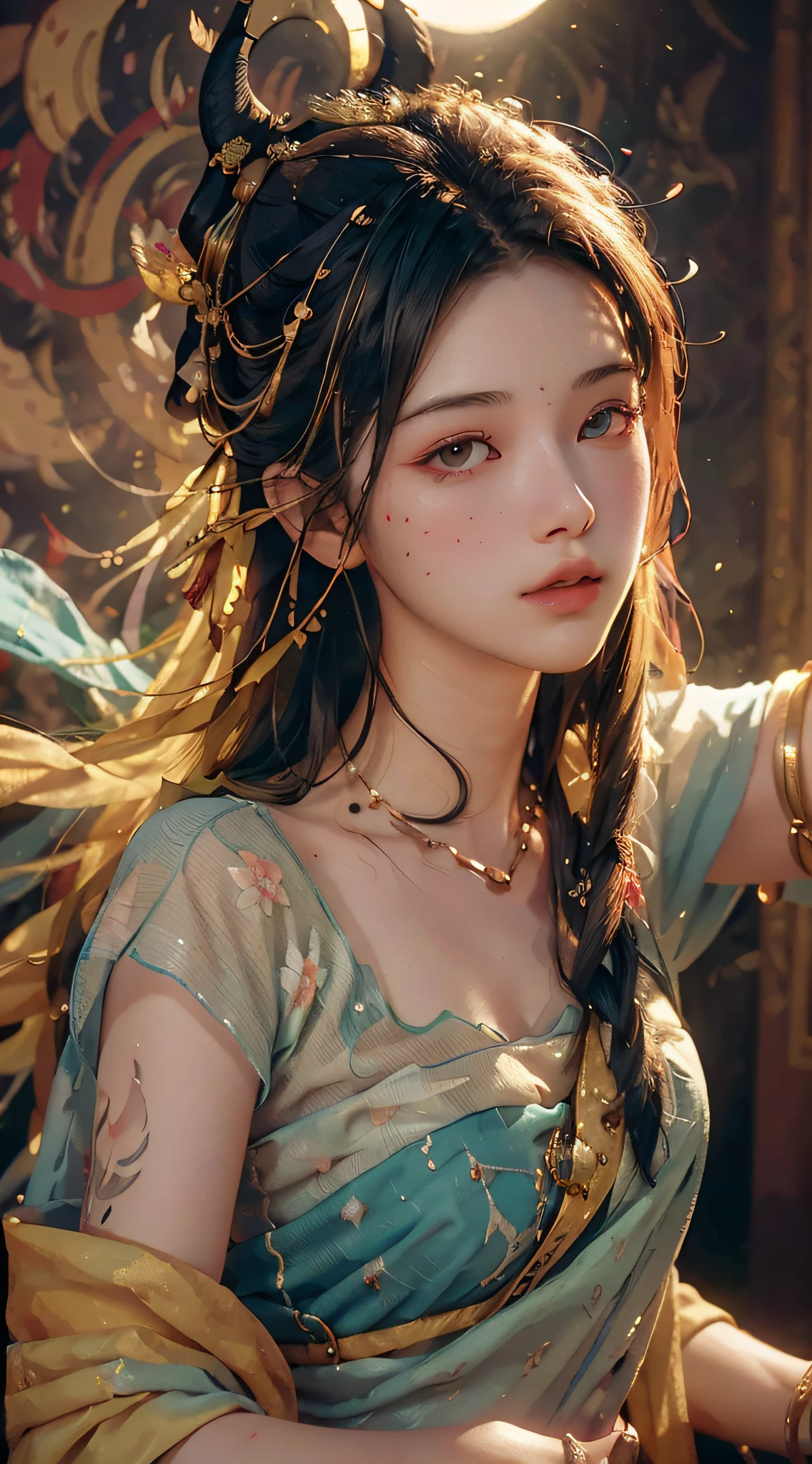 (RAW photo, best quality), (realistic, photo-realistic:1.3),best quality,highly detailed,masterpiece,ultra-detailed,illustration,1girl,upper_body,dynamic angle,world masterpiece theater,messy_long_hair,best quality,extremely detailed CG unity 8k wallpaper,ink,Amazing,cinematic lighting,lens_flare, dunhuang_style