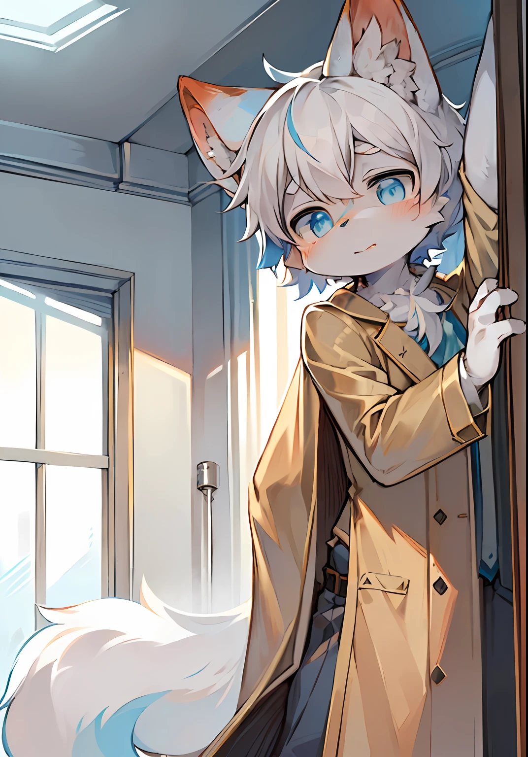 masterpiece,high quality,abstract res,digital painting\(artwork\), by dagasi, yupa,kiyosan,(anthro,fluffy fur,character focus:1.1),anthro male white fox,short hair,portrait , eyes with brightness, in a panoramic view, Character focus.(detailedbackground:0.7), 独奏, shaggy, shaggy male, malefocus, Dr, expressiveless, anthr,(Dr. coat, Fluffy tail, White fur, blue color eyes, white color hair:1.2), (long canines、Dr、Dr. coat:1.2),(interiors、In the daytime、Lab Room)