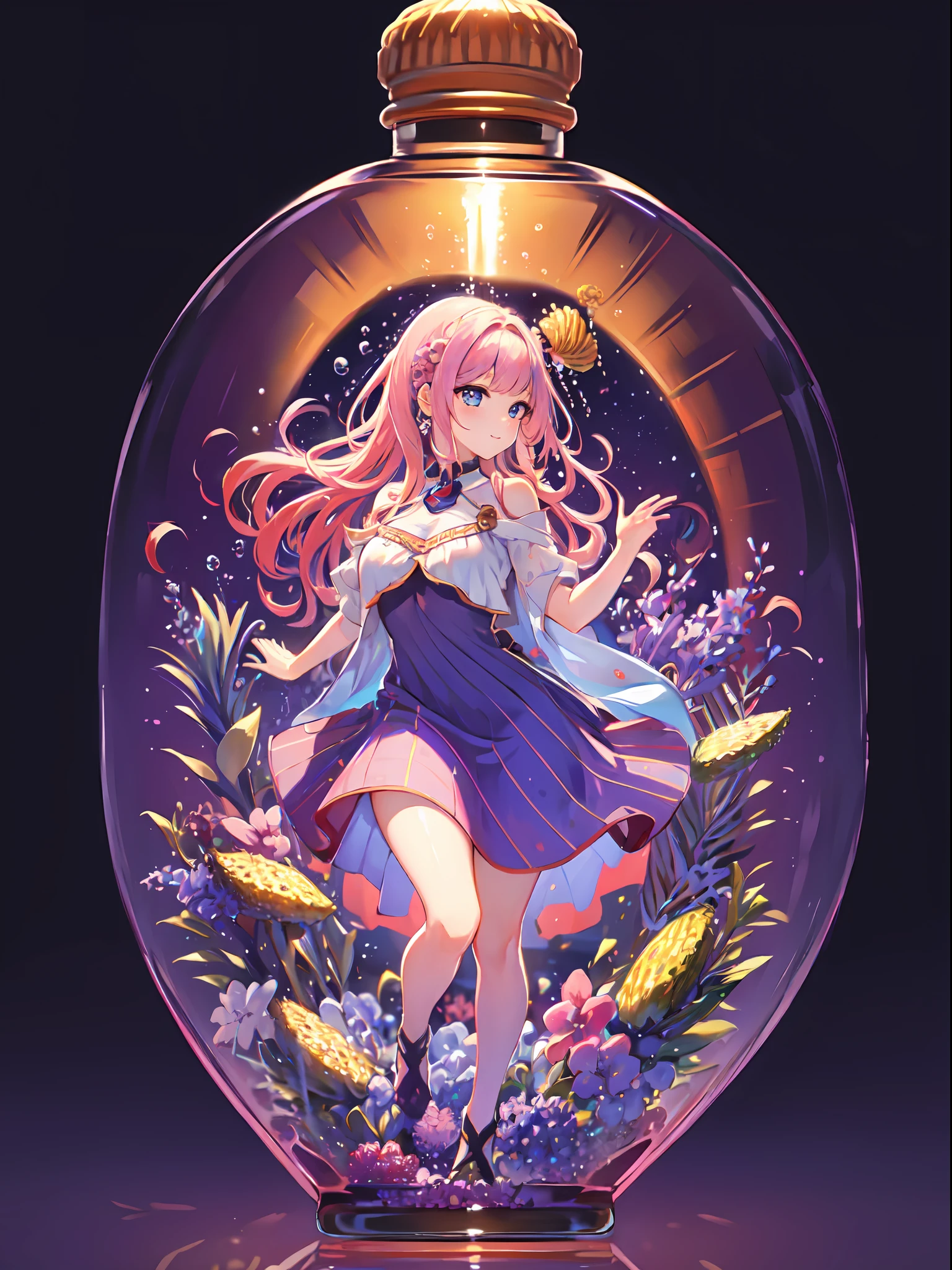 perfect eyes:1.2, detailed eyes:1.4, pineapple, smile, full body, air bubble, (masterpiece:1.6, best quality), phgls, /bottle, in container, (finely detailed beautiful eyes: 1.2), 1girl, solo, big breasts, tentacles, purple hair, pink hair, two-tone hair, underwater, floating hair