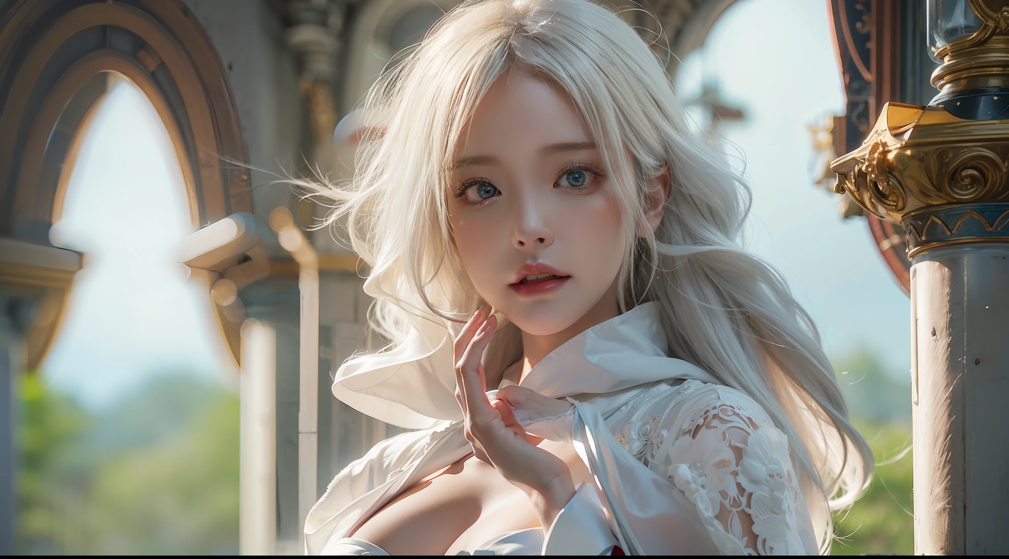 in a panoramic view，1girll，1 white horse，Busty woman，bautiful young woman，White concept dress with white high slit dress，cloaks，hooding，on a white horse，（Templar style），Red Cross tattoo，White princess hair，Sculptural body，Perfect blue and beautiful eyes，Glowing painting，Super sharp，realisticlying，32K，IG model | Art germ, Extremely detailed Artgerm, Art germ. anime illustration, Art germ. High detail, Art germ on ArtStation Pixiv, Fanart Meilleure ArtStation, Detailed digital anime art, Smooth anime CG art, Deviantart ArtStation CGSCOSIETY, 8K high quality detailed art