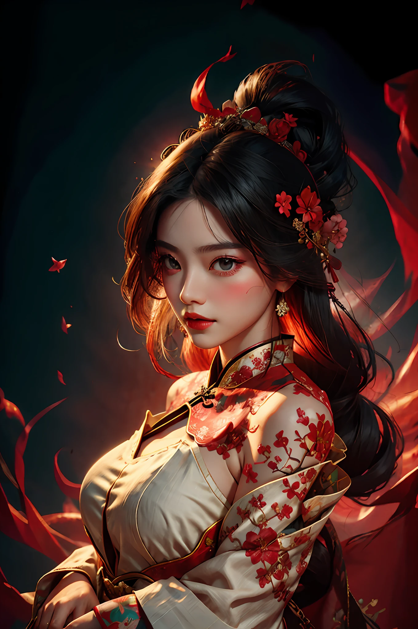 Zhong Fenghua, 1girll, (full bodyesbian) 独奏, Hanfu, flower field, blossom flower, (red smoke:1.4) (realisticlying:1.5), datura, entangled, offcial art, Unity 8k壁纸, ultra - detailed, Beautiful and beautiful, tmasterpiece,best qualtiy, (dynamic angle:1.4), (Realistic:1.5),(Real human photos;1.5),(Bigboobs:1.5),(Shoulders exposed:1.5),Glowing skin, (Floating colorful flashes:1),The most beautiful forms of chaos,ellegance,Fauvistdesign,vivd colour,Romanticism Depth of Field,