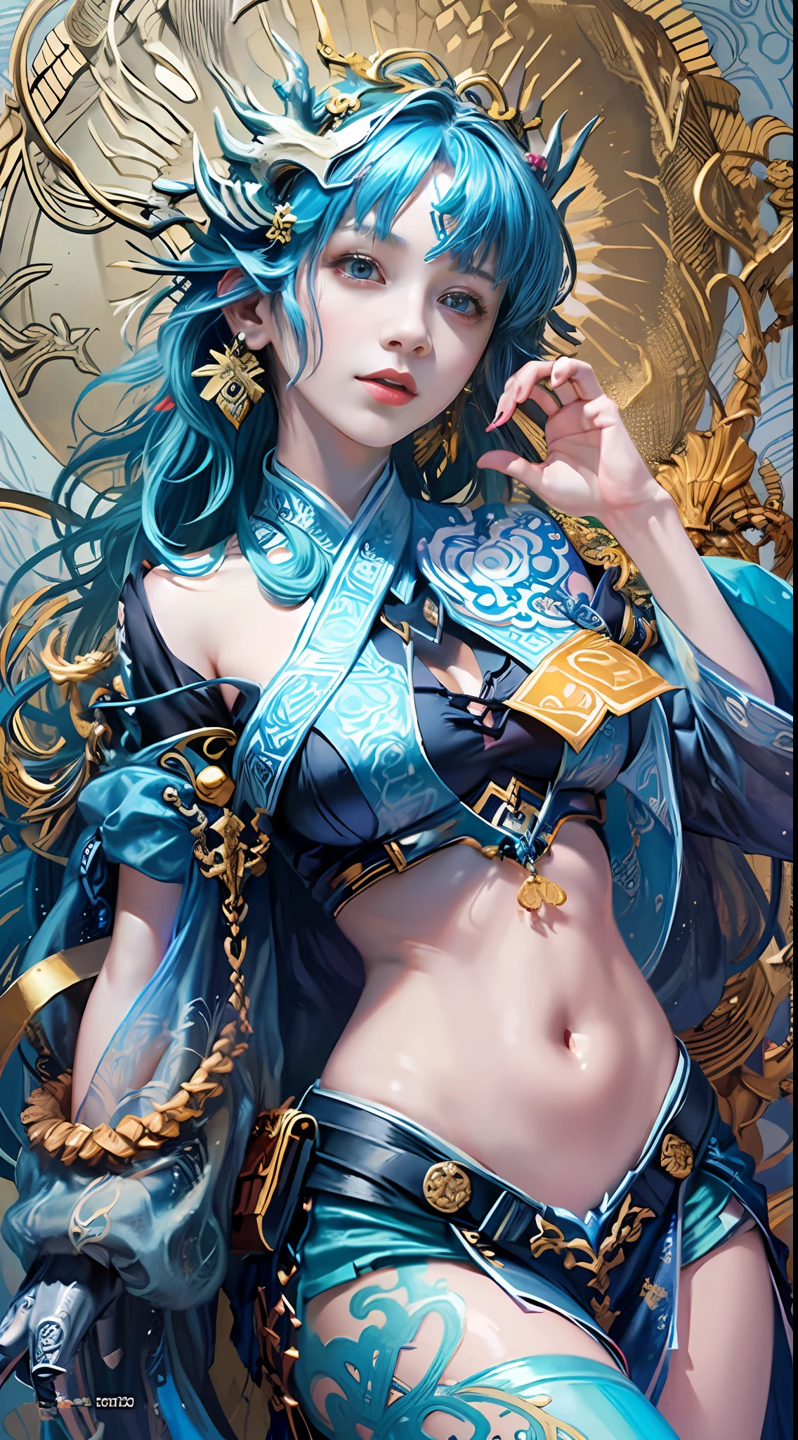 Official Art, Unified 8K Wallpapers, Ultra Detailed, Beautiful and Aesthetic, Masterpiece, Best Quality, (Zentangle, Tangle, Entangle), (fractal art: 1.4), (character center: 1.3), 1girl, black hair, Chinese, off-the-shoulders, short skirt, calf, navel, very detailed, dynamic angle, cowboyshot, (most beautiful form of chaos), ethereal, (bright colors), oc, (half: 1.2), china, (thangka flying sky: 1.5), (ribbon: 1.3), (dream: 1.5), (hanfu: 1.5), Chinese dragon, Chinese phoenix, (smile: 0.5), ( Chinese deities),
