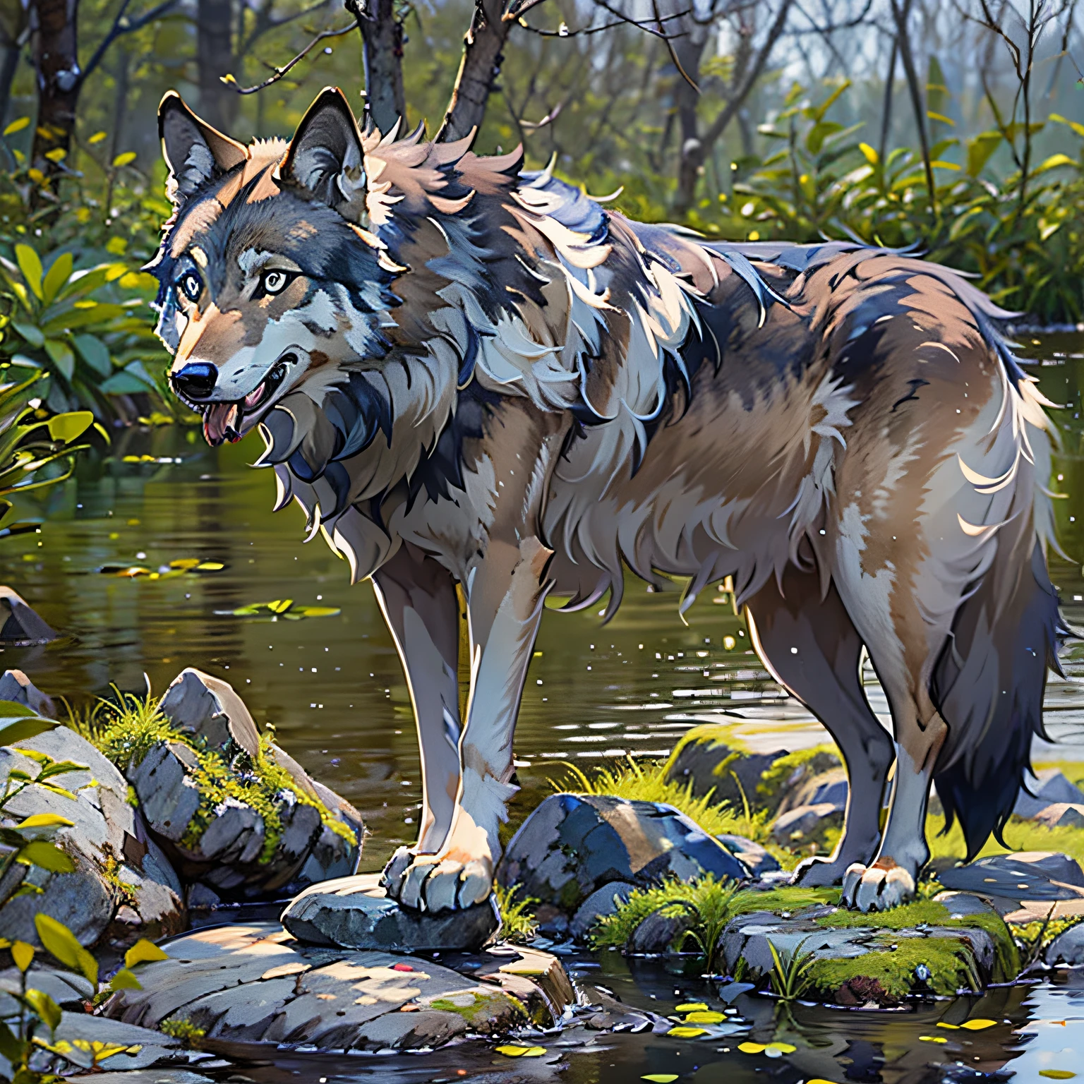 gray wolf,blue color eyes,Tooth,with her mouth open,Fang,mouth drool,Fierce,Standing on a pile of stones by the pond,delicated,tmasterpiece,A high resolution