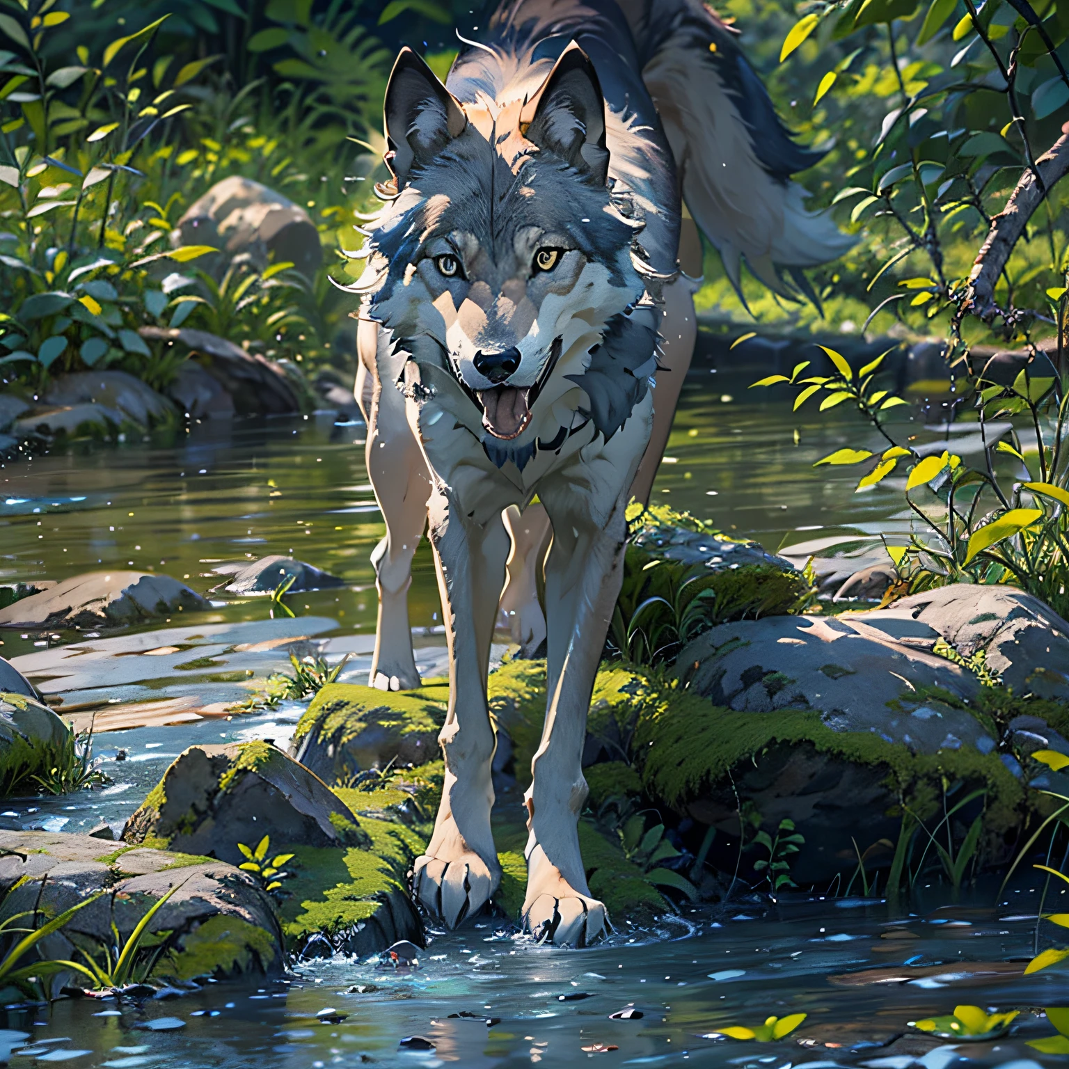gray wolf,blue color eyes,Tooth,with her mouth open,Fang,mouth drool,Fierce,Standing on a pile of stones by the pond,delicated,tmasterpiece,A high resolution
