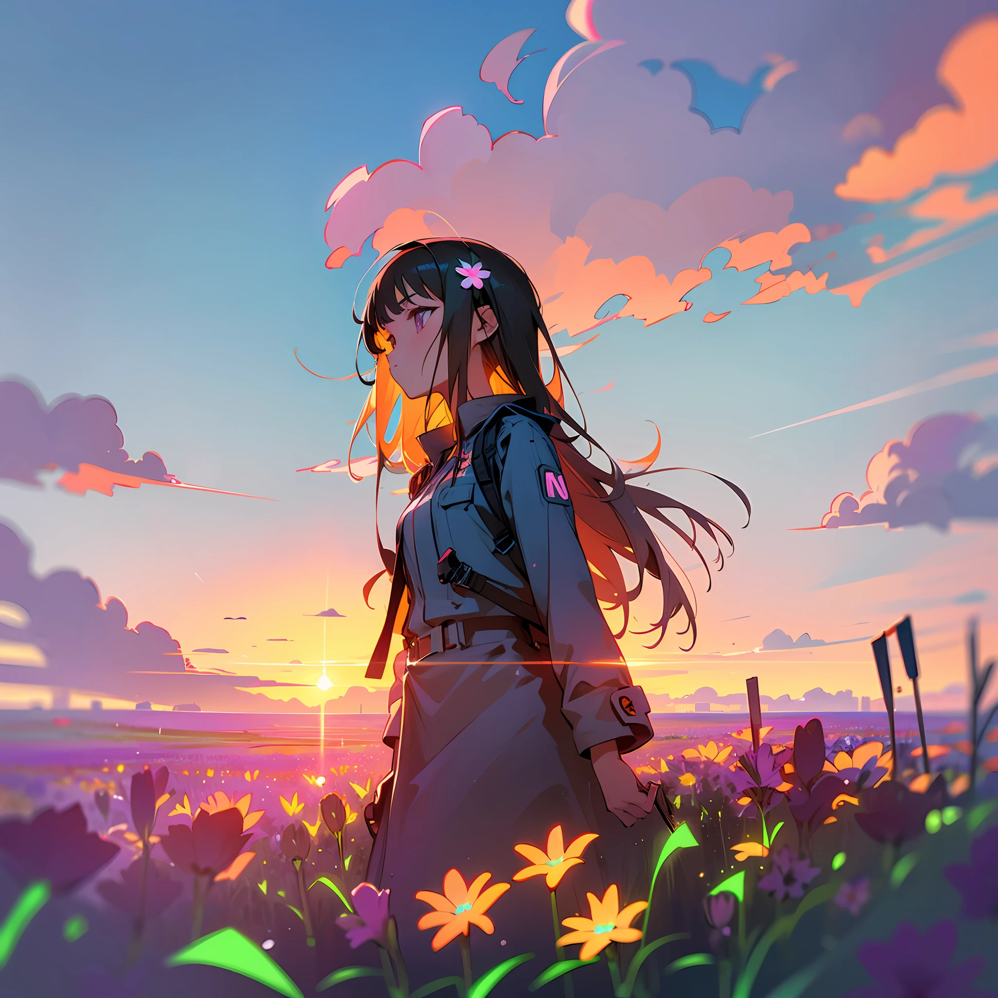 girl in field, (((field of neon flowers))), mid shot, portrait, clouds, sunrise