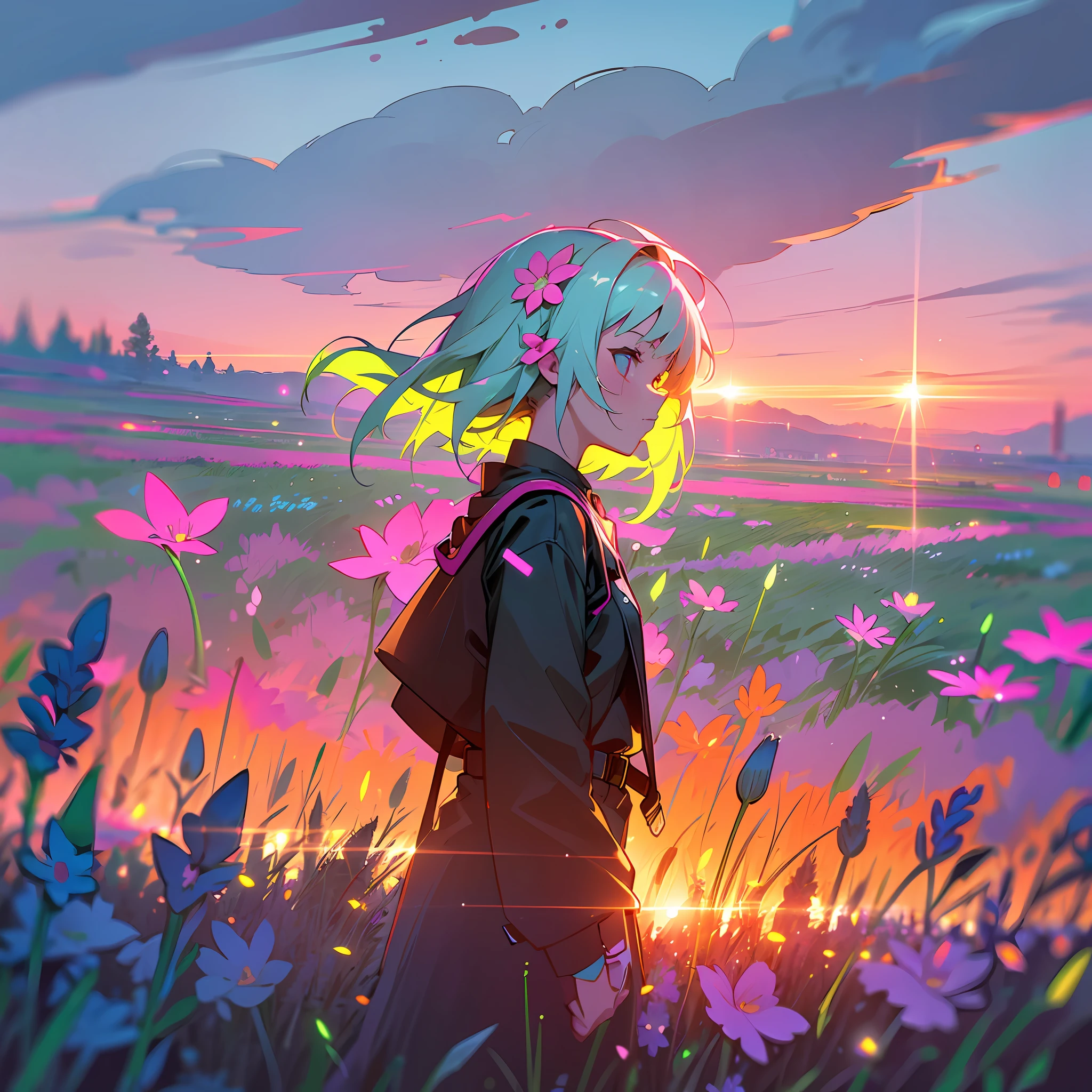 girl in field, (((field of neon flowers))), mid shot, portrait, clouds, sunrise