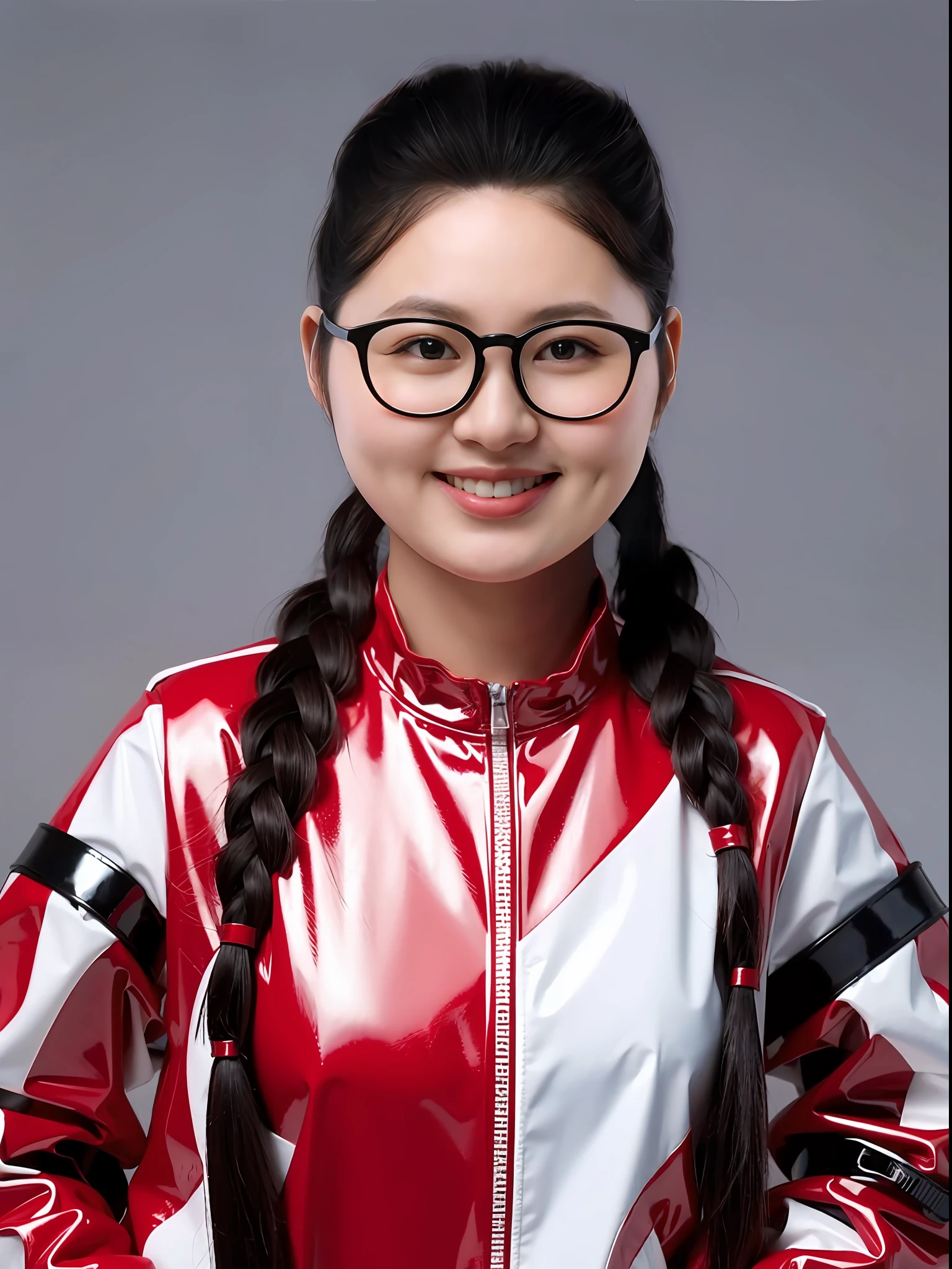 A Chinese high school girl，Wearing red PVC tracksuit，long braid