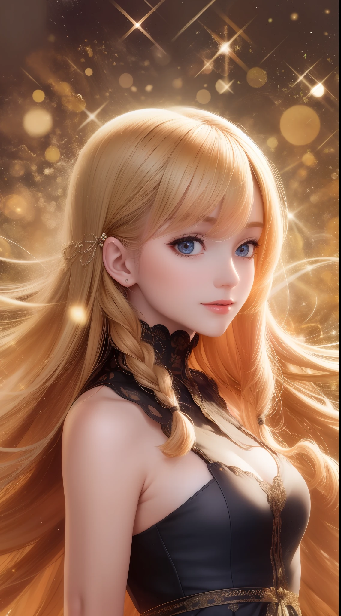 best quality, masterpiece, upper body,
(adult:1.6) hungarian woman, (smirk:0.4), arms behind head,
braided golden hair,
sparkling eyes,
victorian sundress,
floating light particles, centered,