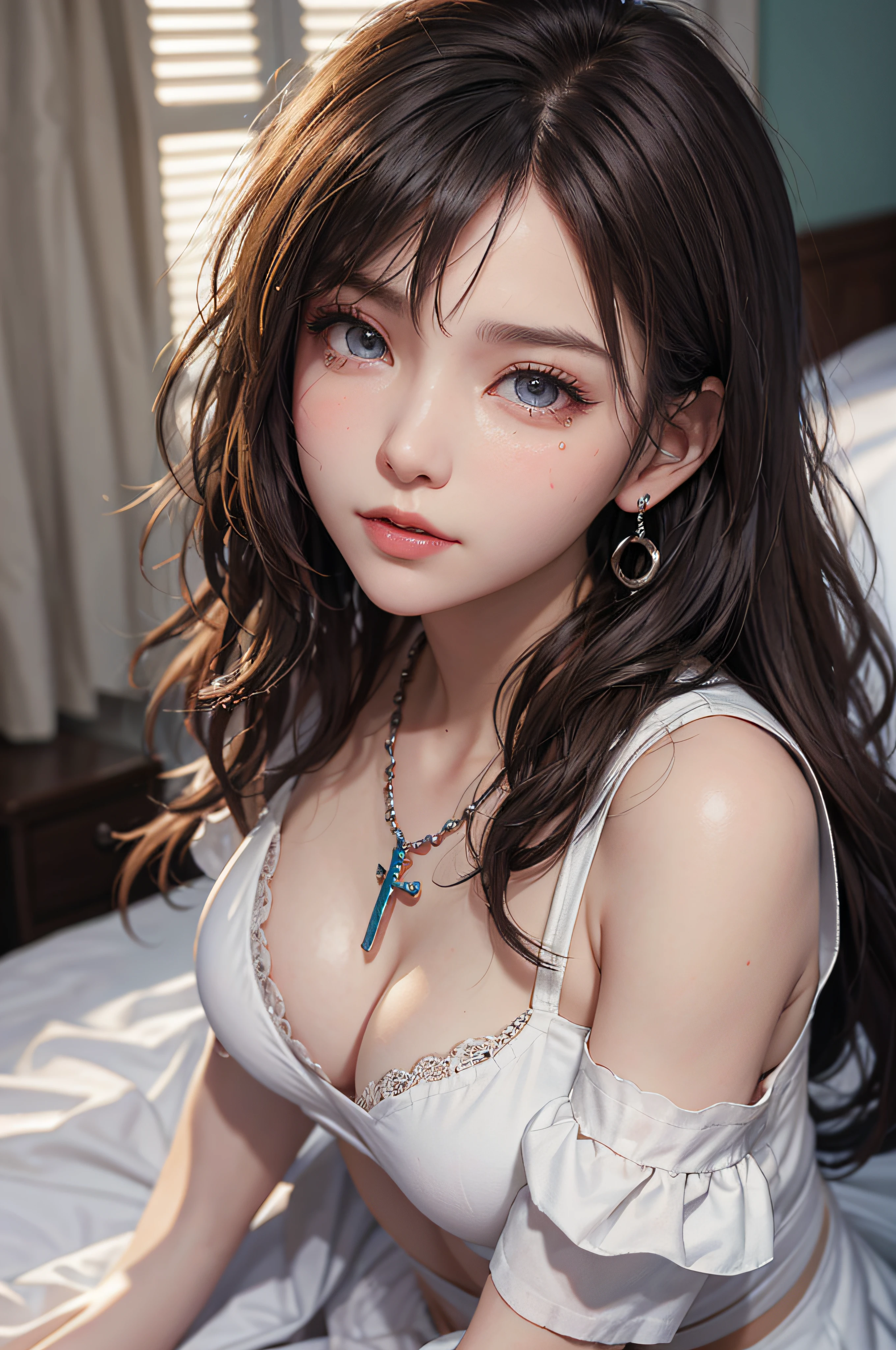 (masutepiece: 1.3), (max resolution: 1.2), (Ultra HDTV: 1.2), cinematric light, Detailed eyes and skin, detailed facial features, , 8K resolution, (Sharp Focus: 1.2, Perfect Style, Beautiful face, acurate, Anatomically correct, Highly detailed face and skin texture, Detailed eyes, Double eyelids, Thin eyebrows, Glitter Eyeliner: 1.2, Natural cheeks, Glossy skin, Fair skin: 1.2, shiny little necklace and earrings, (Glossy lips: 1.4), (maid clothes:1.2)、 (Shy look: 1.2),Neat and clean woman 、 (Focus on Face:1.2), ((large full breasts)), (upturned breasts),), Highly detailed facial and skin texture, Detailed eyes, Double eyelids, Natural cheeks,Rosary Necklace、 shiny small earrings, shiny lips: 1.4,Exposed cleavage、(A large amount of sperm in the chest:1.4)(Large amount of sperm in the thighs:1.2)、red blush、Tears are embarrassing、White underwear、White bra、Open knees、open one's legs、Masturbation behavior、Disheveled clothes、Dressing、Exposed panties、Wearing sweat、Sheer underwear、is crying、dismay、Frightened、glares、Full-body angle of view、from the front side、red blush、 25 years old, (Complete Maid Clothes:1.4)、blue eyes、a blond,Wavy Hair、 Semi-long hair, (at bedroom: 1.2), (She is sitting on the bed:1.2.)