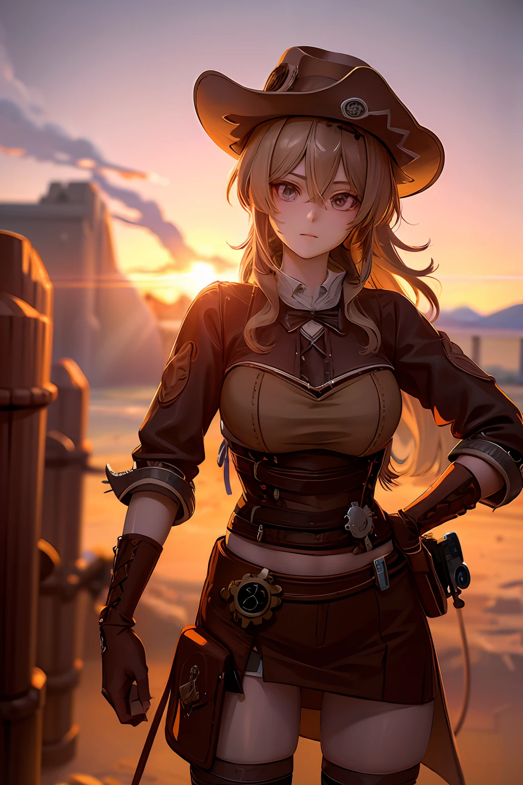 Western cowboy style,photography,Best Quality, Anime pictures, complex details, (delicate details), (complex details), cinematic light, Best quality backlight, Clear line, 8k,very high resolution, Holding a cowboy pistol