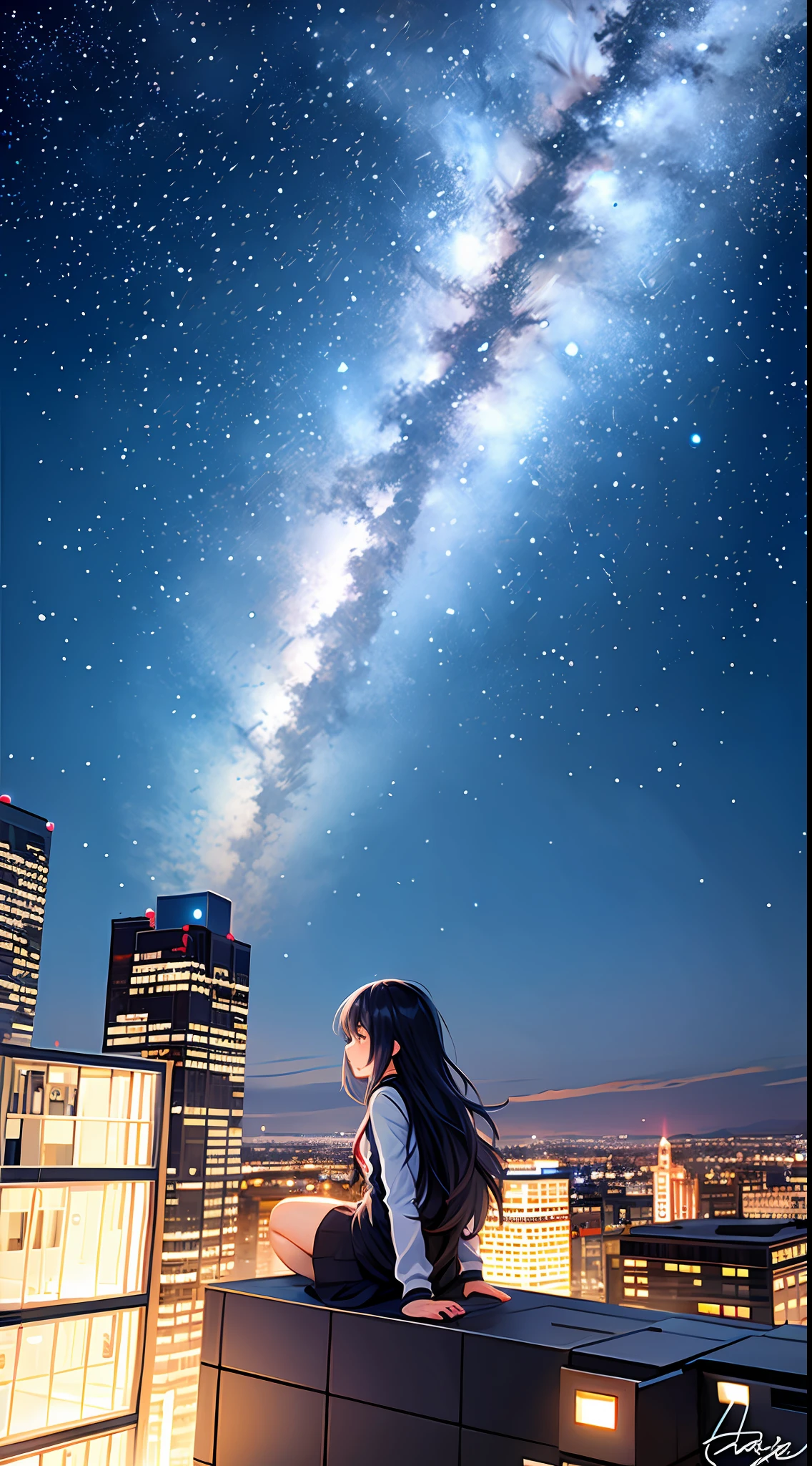 octane, sky, Star (sky), scenery, Starry sky, Night, 1girll, Night sky, Solo, Outdoors, signatures, Building, Cloud, Milky Way, Sitting, tree, Long hair, City, Silhouette, Cityscape