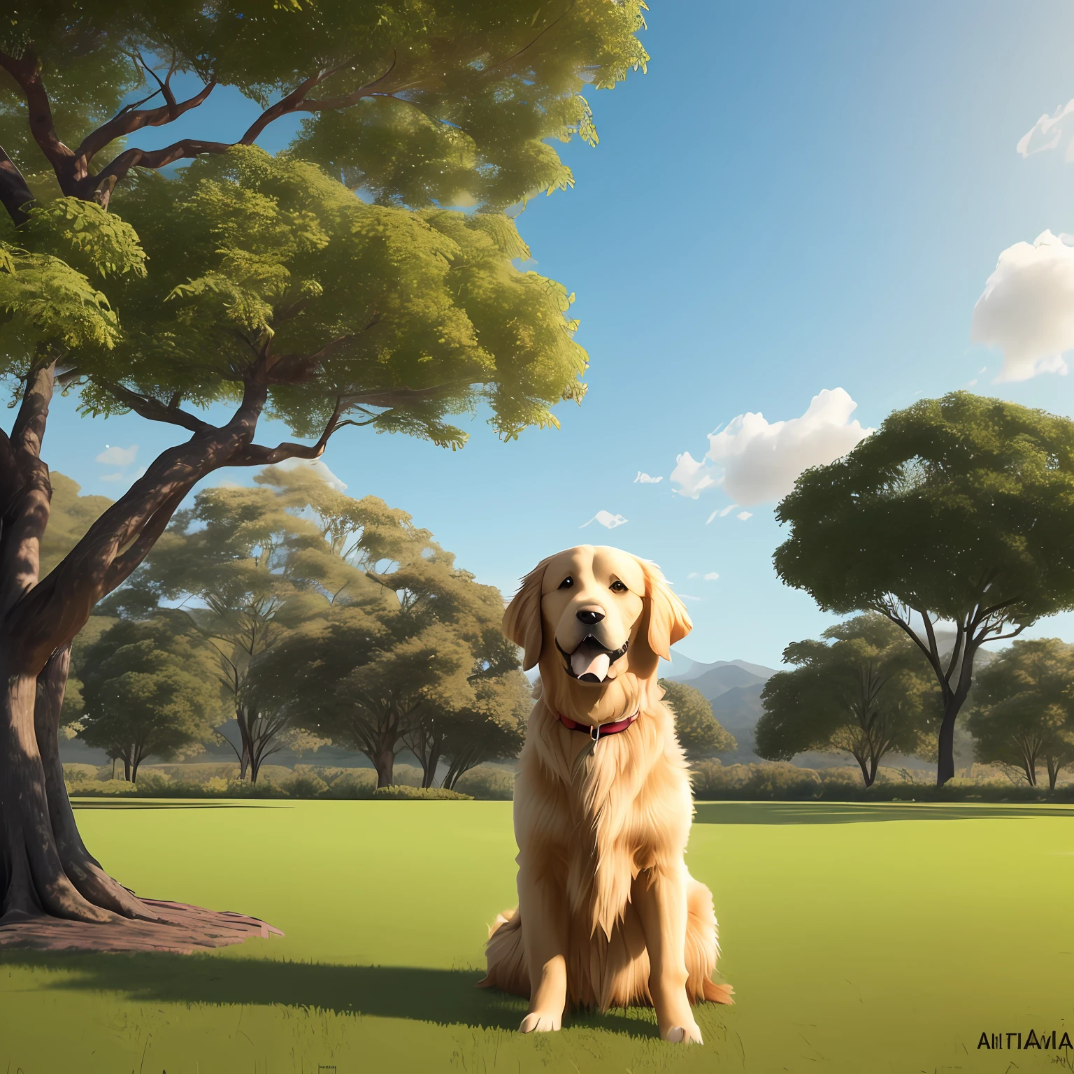 golden retriever dog, ligeiramente magro, sentado no gramado, a large tree in the distance, feliz, sorridente, obra-prima, 8k, alta resolução, textura mais alta, melhor rosto, detalhes ricos, --auto --v6