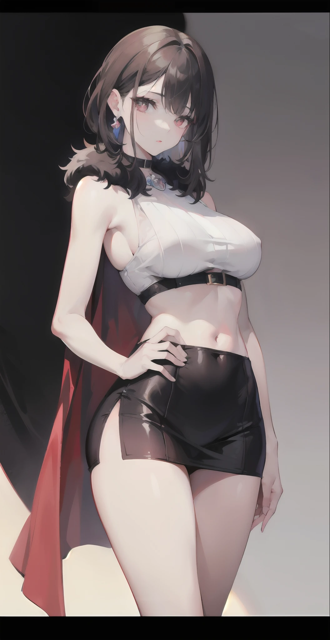 1 beautiful women,Crop topping,Mature lady,full bodyesbian, Redlip,fur,Superskirt, Black stockings beautiful legs,heeled sandals,Extremely detailed,Dark brown hair,Normal posture,view the viewer(Masterpiece, Best quality:1.2)