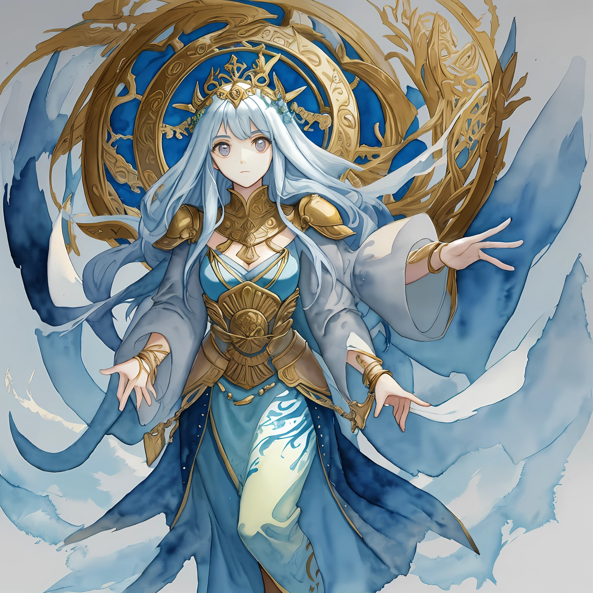 Ancient myths and legends，The goddess descends，Watercolor effect，Flowing ribbons