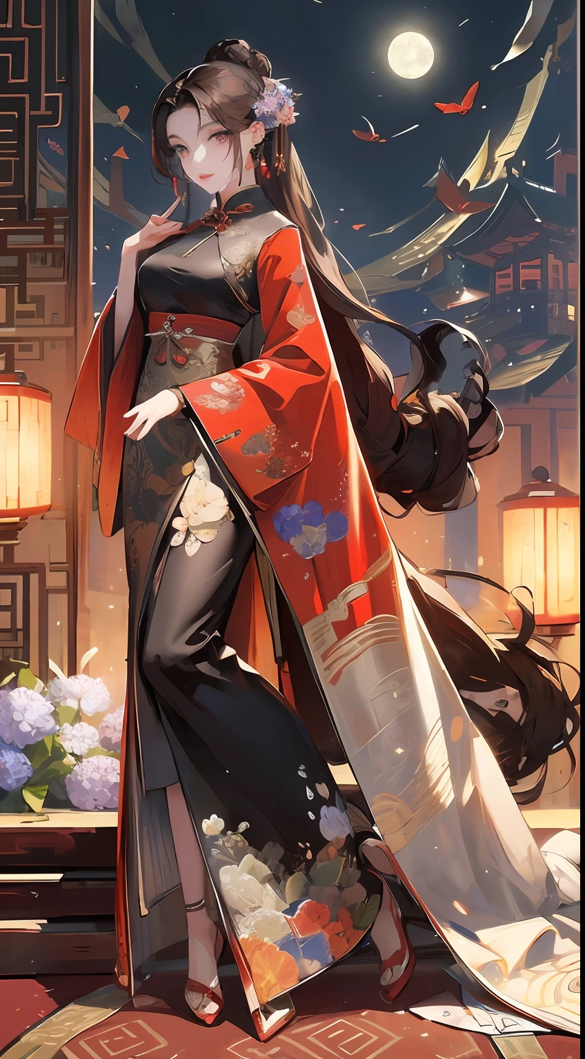 Masterpiece, Superb Product, Night, Full Moon, 1 Woman, Mature Woman, Chinese Style, Antique Chinese, Sister, Royal Sister, Smile, Brunette Hair, Updo, Red Lips, Calm, Intellectual, Hairpin, Hair Flower, Detailed Facial Details, Detailed Eyes, Full Body, Gray Eyes, Long Hair, Hydrangeas