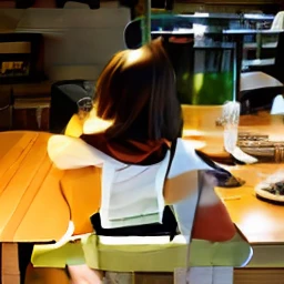 There was a woman sitting at the table,Carrying a plate of food, back stance, From the back, Back - View, With your back to the camera, from back, long shot from back, her back is to us, back turned, With your back to the camera, sittinng on the desk, posterior view, sittinng on the desk, with his back turned