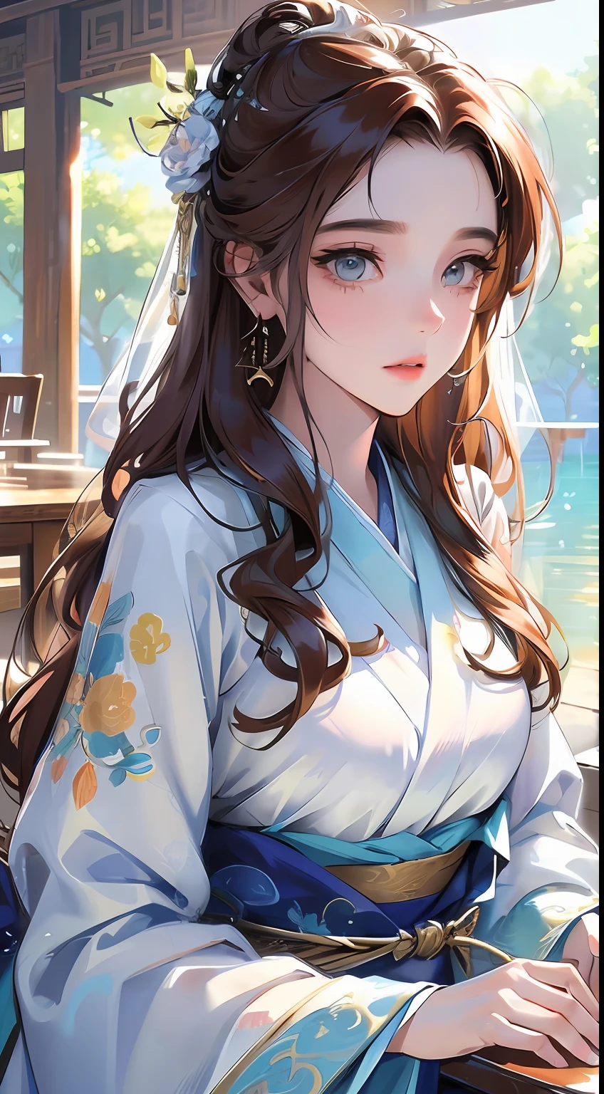 Best quality at best，tmasterpiece，illustratio，an extremely  delicate and beautiful，The is very detailed，CG，unity，8k wallpaper，astounding，finely detailled，tmasterpiece，Best quality at best，offcial art，Very detailed CG unity 8k wallpaper，absurderes，Incredibly Ridiculous res，hugefilesize，ultra - detailed，A high resolution，The is very detailed，Beautiful detailed girl，very detailed eyes and faces，beatiful detailed eyes，light in face，（Hanfu：1.1），1girll，full bodyesbian，full bodyesbian，shot of，，tmasterpiece，1girll，独奏，brunette color hair，white dresses，，white thighhig，lake，dampness
