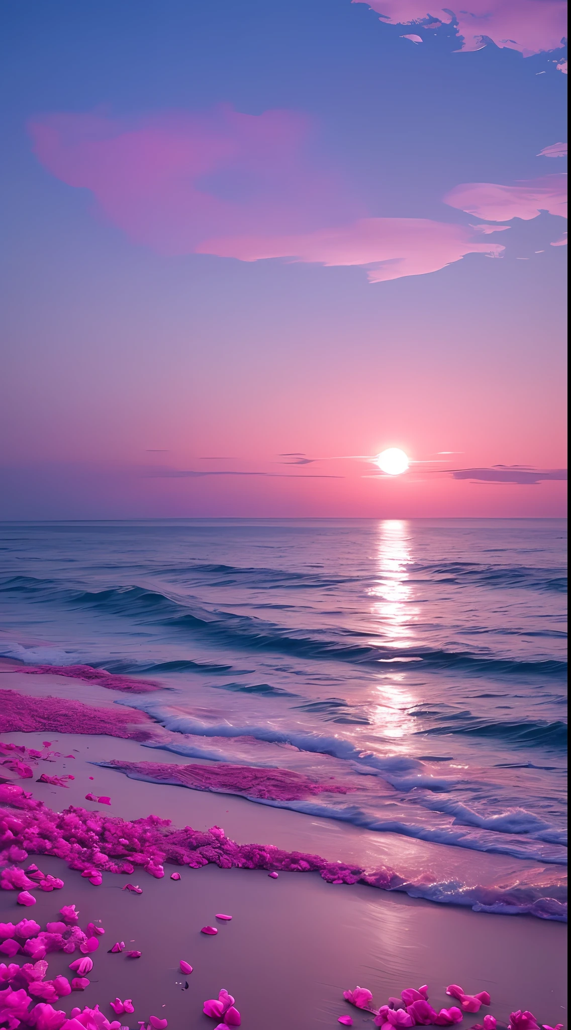 Pink moon, pink sky, soft pink clouds, pink ocean waves sparkling, sparkling, pink roses on pink ocean, fantasy, diamond, crown, universe, soft lights,