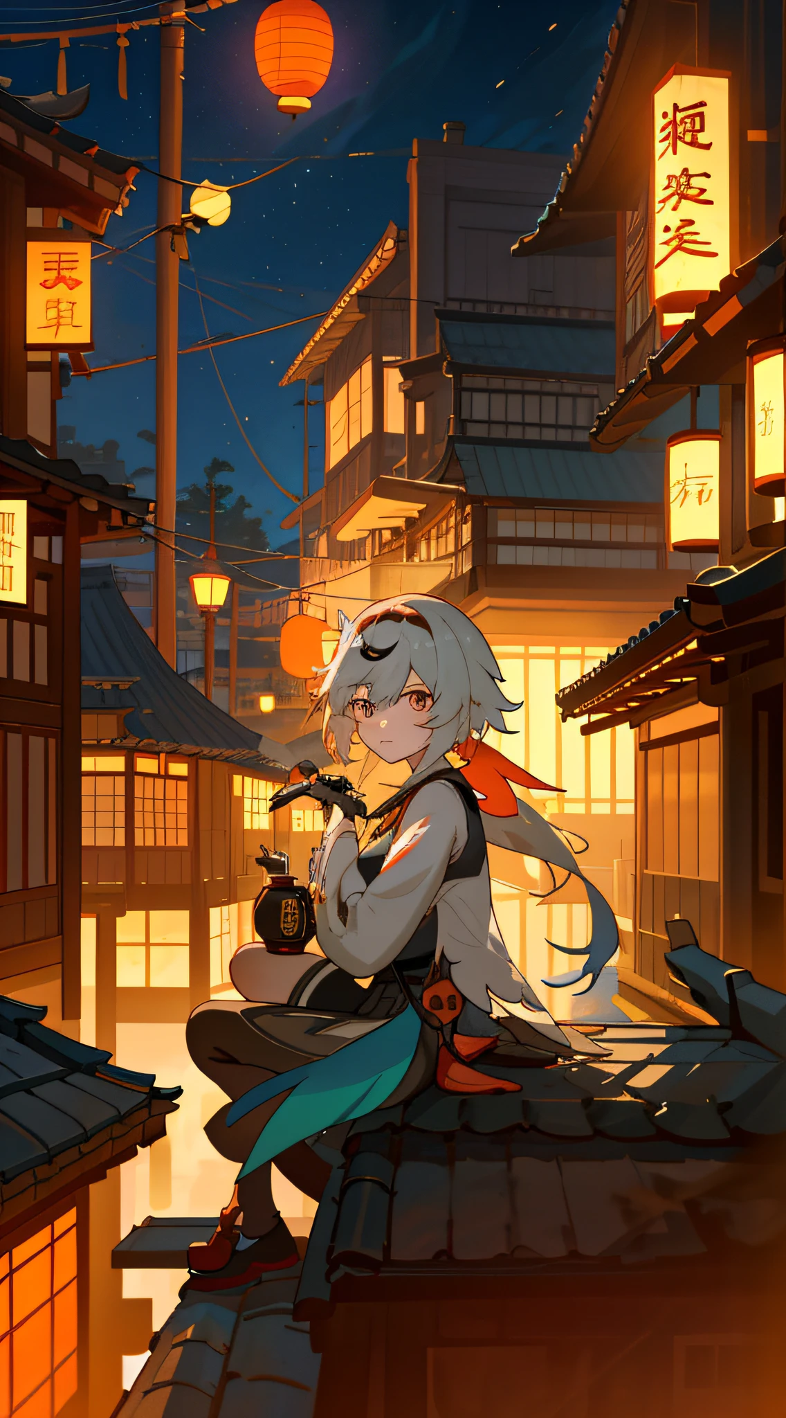 Anime girl sitting on roof with long hair，The background is a lantern, Artgerm and Atey Ghailan, by Yang J, atey ghailan 8 k, Kawasi, Keqing from Genshin Impact, Anime art wallpaper 8 K, Guviz-style artwork, Guweiz in Pixiv ArtStation, trending on artstation pixiv