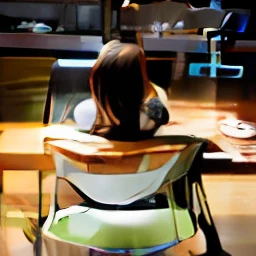 There was a woman sitting at the table,Carrying a plate of food, back stance, From the back, Back - View, With your back to the camera, from back, long shot from back, her back is to us, back turned, With your back to the camera, sittinng on the desk, posterior view, sittinng on the desk, with his back turned