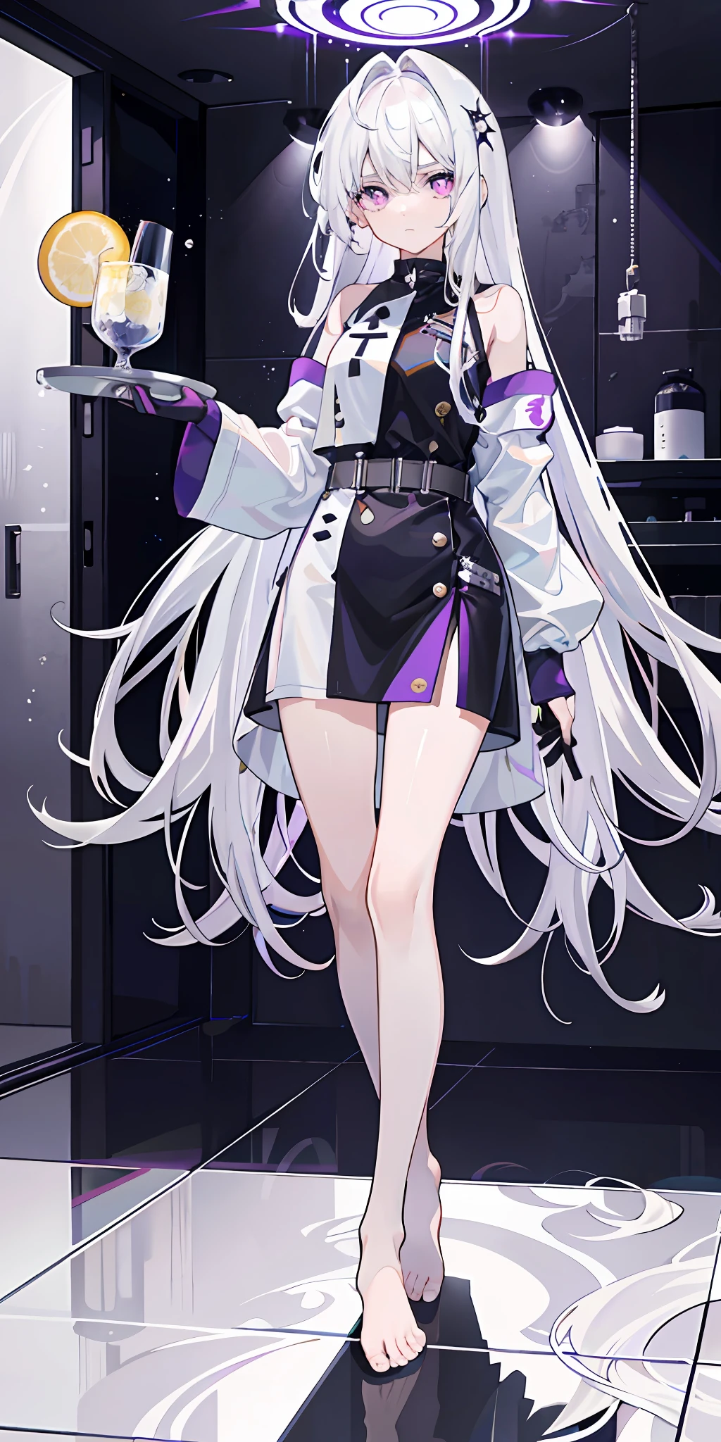 1girll, Full body like,White hair, long whitr hair,Messy hair,semi transparent,Disdainful expression,Purple eye, sportrait, photorealestic, Towels, (Onsen), side-lighting, the wallpaper, NSFW,