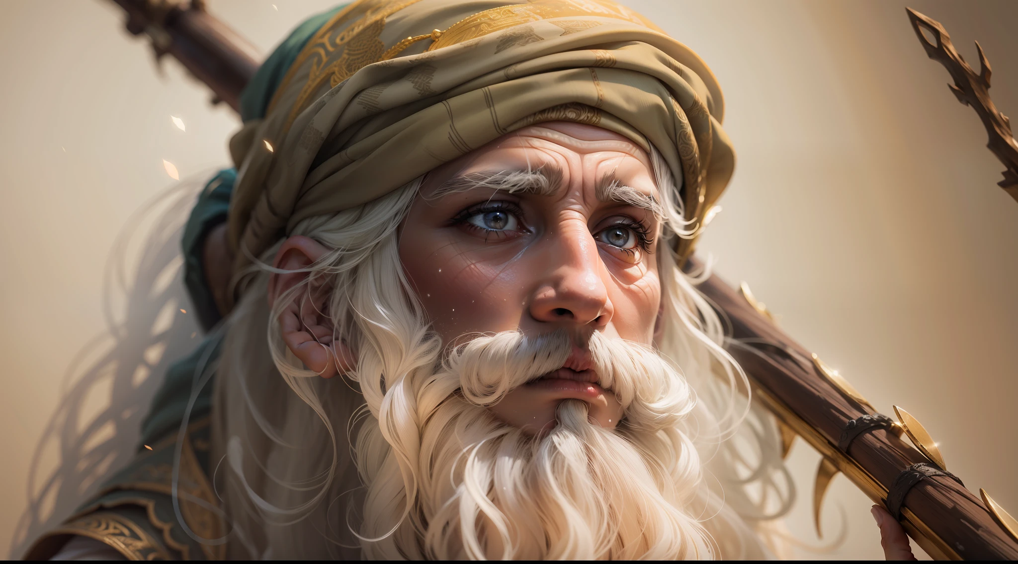 foto realista, obra-prima, melhor qualidade, artistic composition, on an ancient biblical prophet holding a staff in his hand, explaining something facial expression of intense concentration., roupas altamente detalhadas, texturas de roupas realistas, detalhes abundantes, intrincate details, textura da pele, manchas, rugas, rugas de roupas, floating dust particles, brilho, brilhante, misterioso, 4k, UHD, da mais alta qualidade