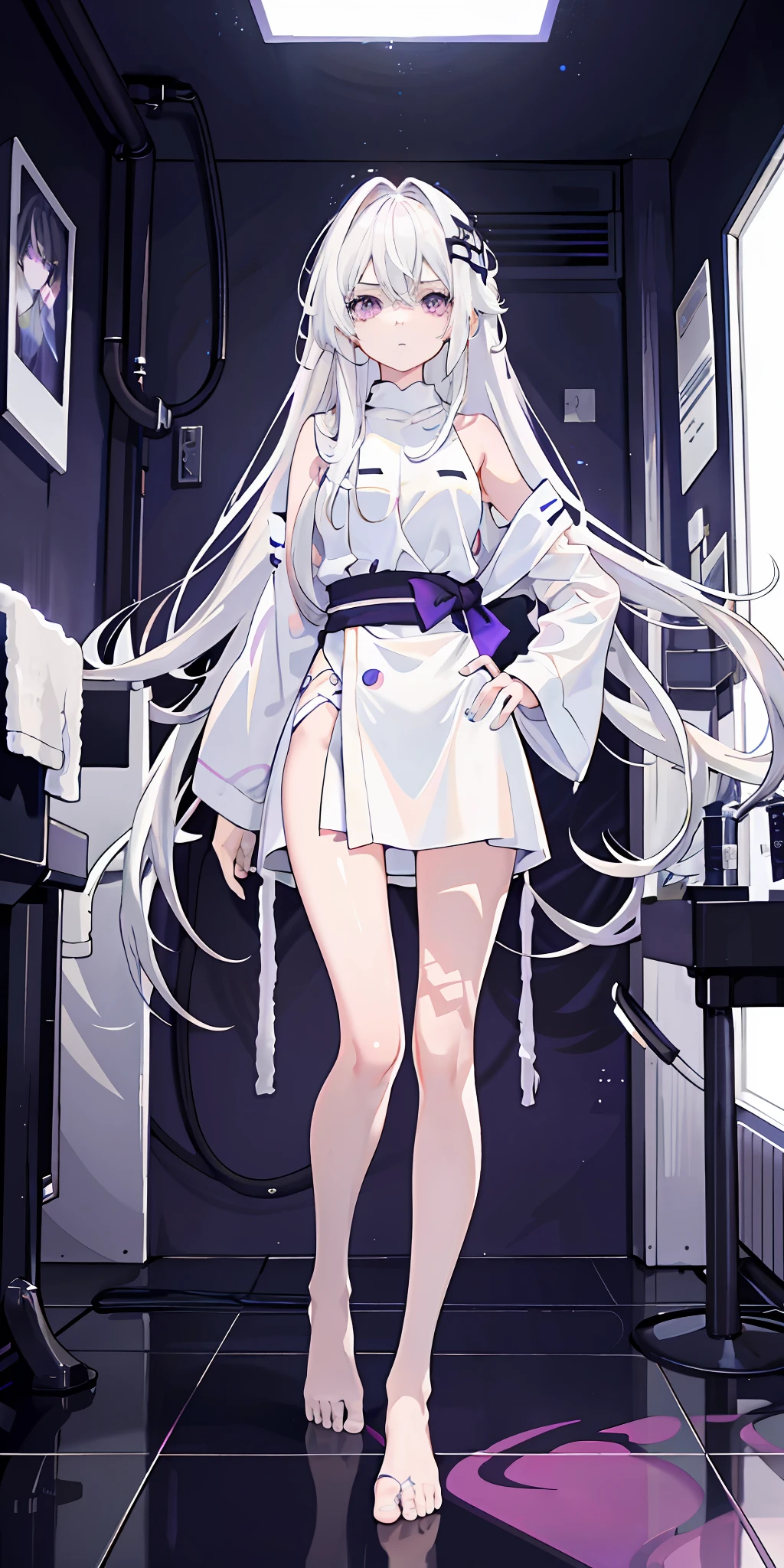 1girll, Full body like,White hair, long whitr hair,Messy hair,semi transparent,Disdainful expression,Purple eye, sportrait, photorealestic, Towels, (Onsen), side-lighting, the wallpaper, NSFW,