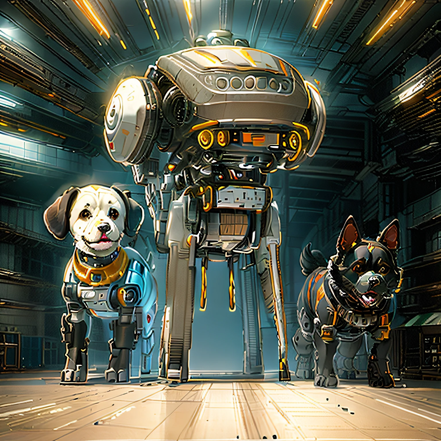 high qulity、3D，Two dogs standing next to the robot industrial mechanical robot dog, Robot dog, Cyborg dogs, Robot dog, Official illustration, medical mecha canine, published art, destroyed robot dogs remains, Official concept art, high detailed official artwork, published concept art,