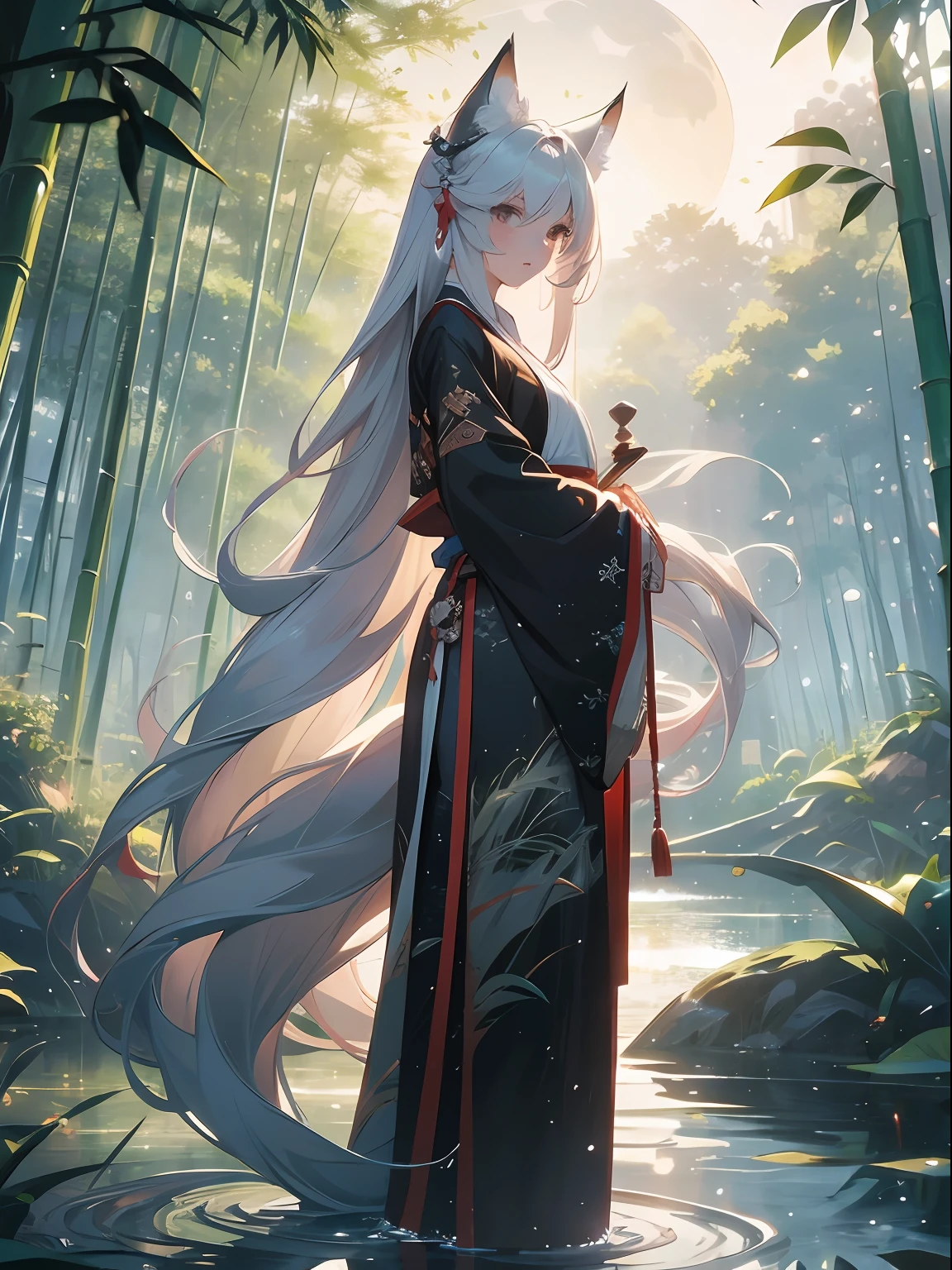 tmasterpiece,Best quality at best,1Beautifulwoman,sliver long hair,fox ear,fox tails,Look at the screen,Hanfu,bamboo forrest,Standing by the lake,the night,full moon,Whole body diagram,