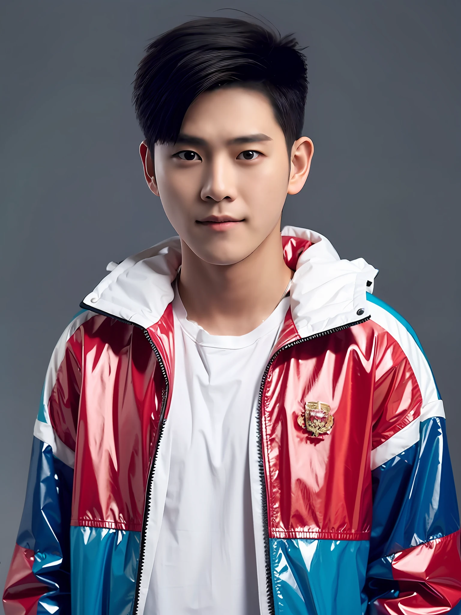 Chinese male student,Wear a colorful PVC coat