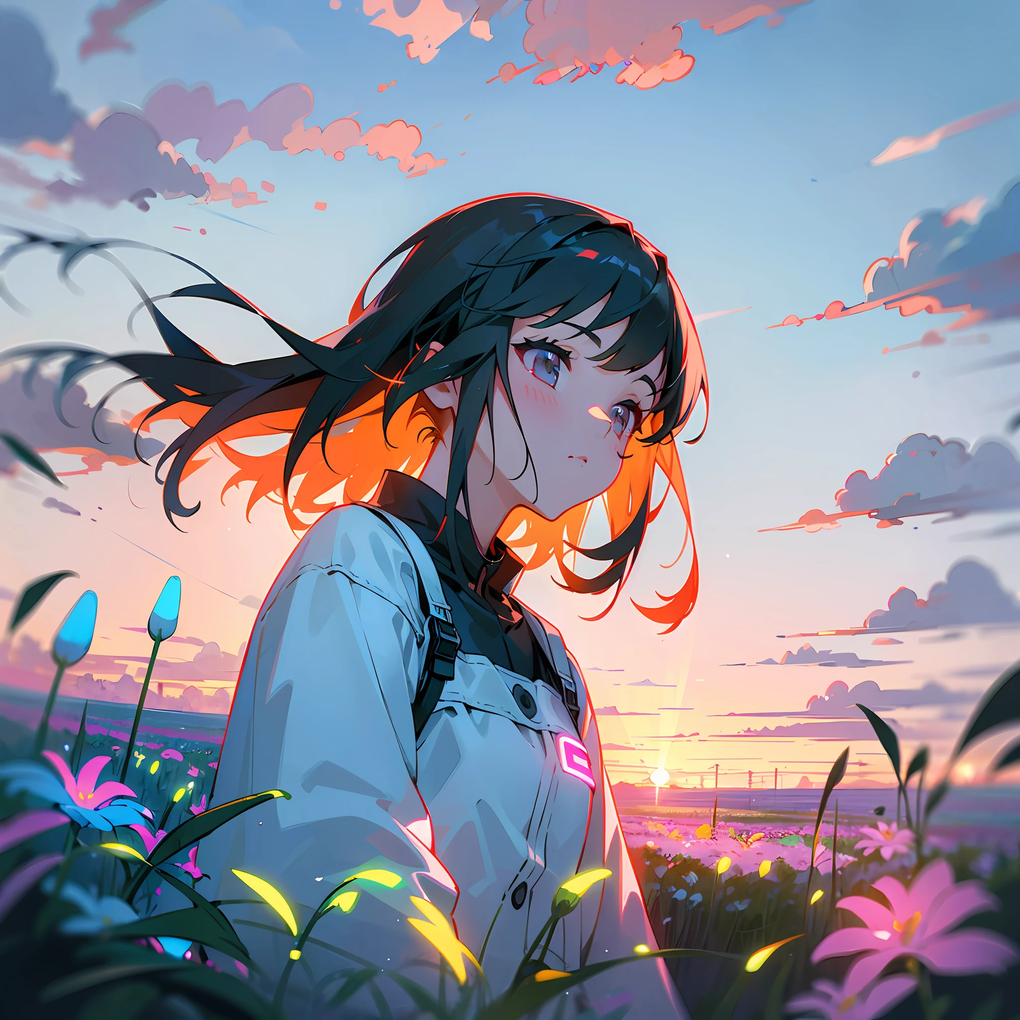 girl in field, (((field of neon flowers))), mid shot, portrait, clouds, sunrise