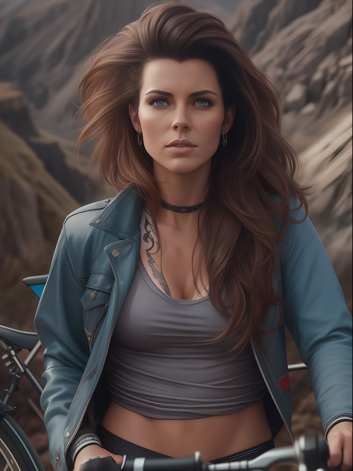 A (waist up:1.2) cinematic photorealistic color digital painting of a Brunette Female GCN Presenter Manon Lloyd (80's heavy metal rock star hair style:1.2), Gravel bike athlete, outdoors in Iceland Gravel rides her Bike, detailed face, insanely detailed and intricate, crisp sharp and clear, volumetric lighting, ultra-high resolution, masterpiece hyper realistic artwork of Don Lawrence, centered, Professional color grading by Kenneth Hines Jr.