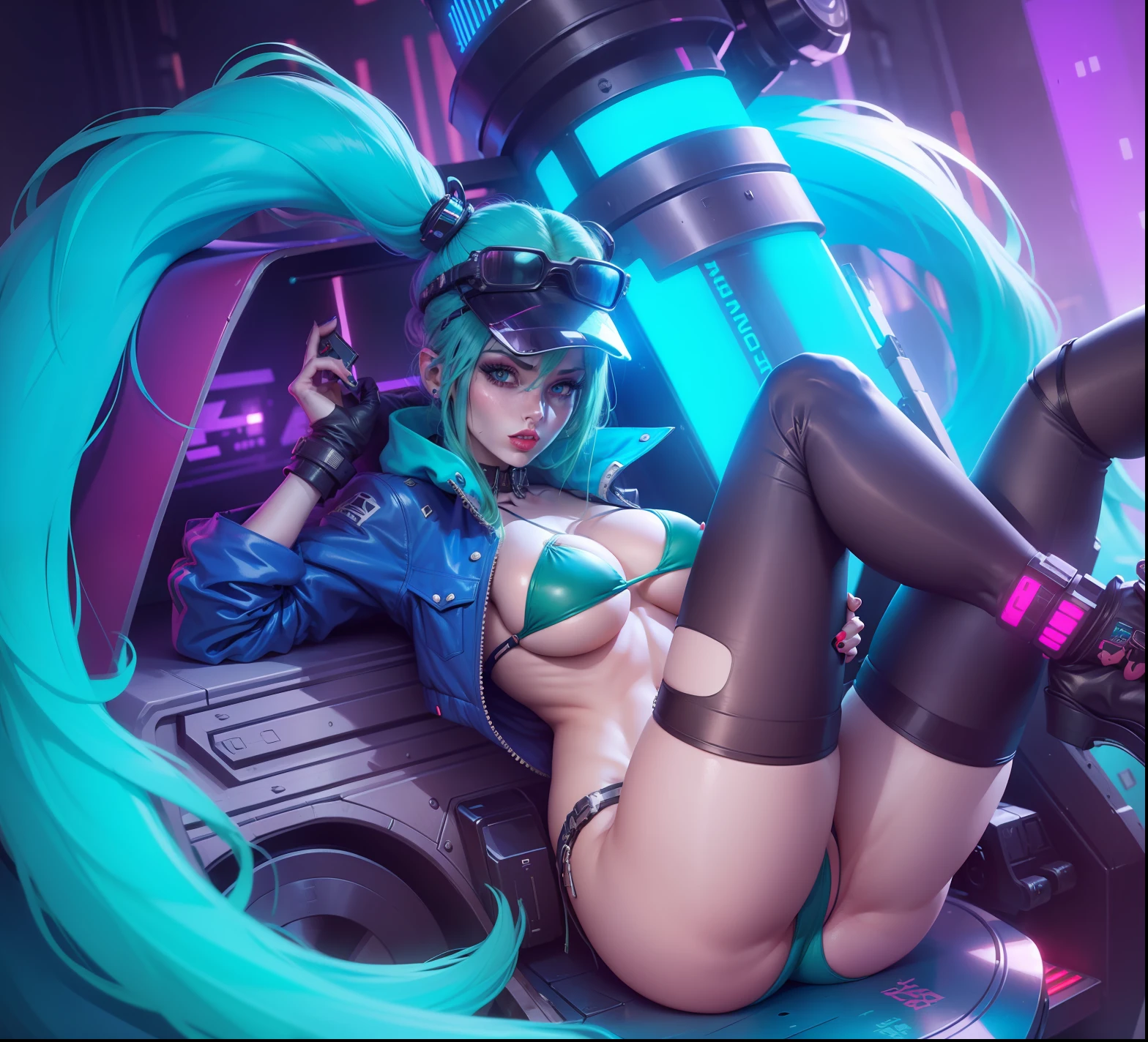 A girl with mini jacket, long green hair, blue eyes, red lips, wearing sexy bikini, big breast((nipple)), cyberpunk theme, opened legs, busty girl, milf, skinny body, detail face, cyberpunk, amazing, masterpiece, 8k, ultra realistic, best quality