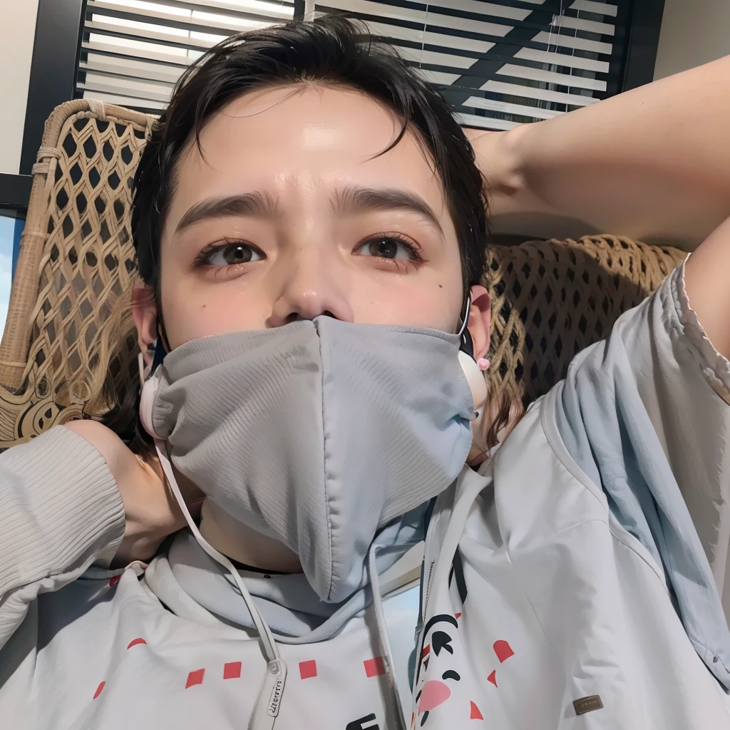 male people，messy  hair, Estilo de Makoto Shinkai，beachside，rosy clouds，Face lines，Coloring，fundo vermelho，inside in room，stubbles，Melancholy eyes，Earphone，Cover half of your face