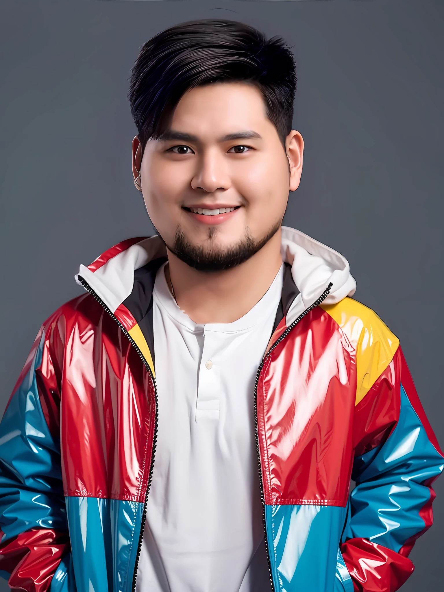 Chinese male student,Wear a colorful PVC coat