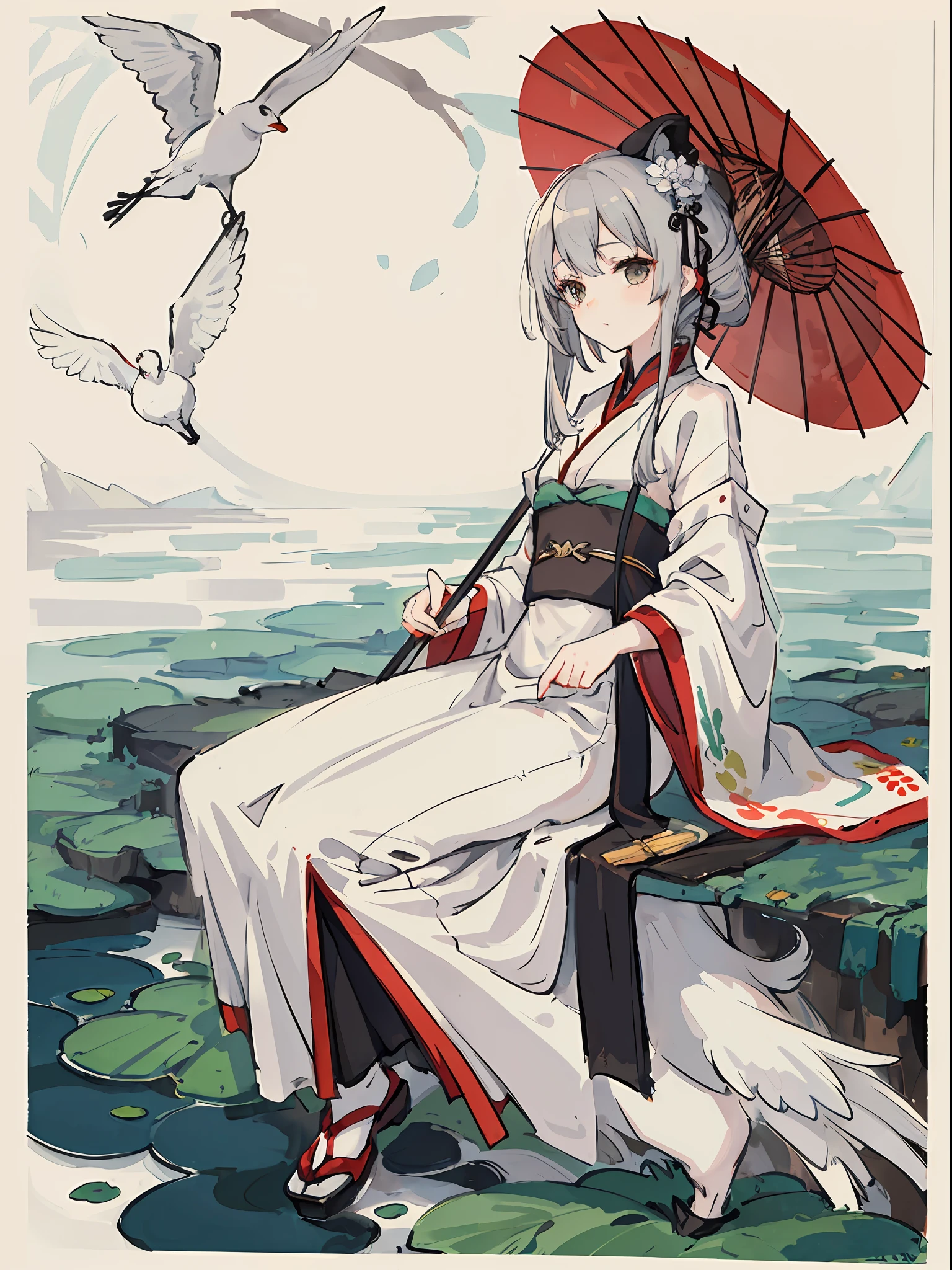 ((4K,Masterpiece,Best quality)), shuimobysim, （Traditional Chinese painting）, SakuraNS, Hanfu, maxikit, Dress conservative 1 woman,Beautiful， 独奏, Gray hair and long hair，white colors, white crane，oil-paper umbrella，full moon，Small pond，High hills
