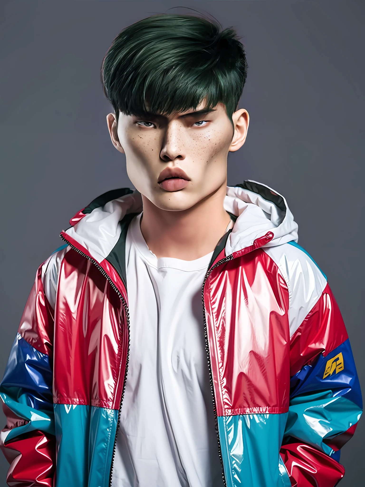 Chinese male student,Wear a colorful PVC coat