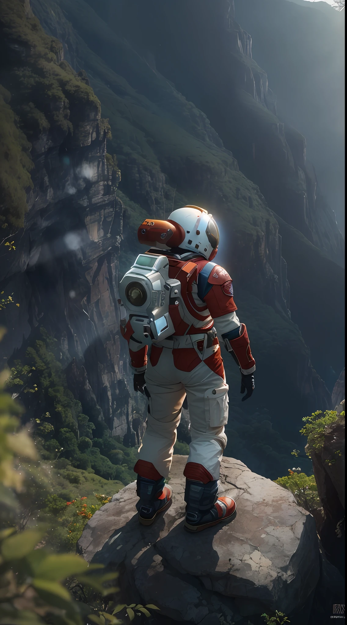 (35mmstyle:1.2), Highly detailed RAW color Photo, rear angle, full bodyesbian, af (Female space marine, Wearing a white and red spacesuit, futuristic helmet, Tin plated mask, Rebreathers, accentuated booty), Outdoors, (Stand on the cliffs of the tall Rocky Mountains, Gaze out over the magical lush green rainforest on an alien planet), vivd details, (Exotic alien planet), Toned body, big assa, (Sci-fi), (Mountains:1.1), (lush green vegetation), (two moons in sky:0.8), (Highly detailed, ultra - detailed, Intricate), (Lens flare:0.7), (full bloom:0.7), particle fx, Ray traching, Cinematic lighting, Shallow depth of field, photographed on a Sony a9 II, 35mm wide angle lens, Sharp focus, 《Gravity 2013》cinematic Film still from, Watching from behind, Dynamic Angle