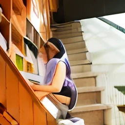 There was a woman sitting on the stairs of the library, xintong chen, wenfei ye, Purple attire, Purple top, In a library, Purple dress, Shot on Canon EOS R 6, Fanart, Li Zixin, sakimichan, personal profile picture, Profile image, jinyiwei, Profile picture, imagem de qualidade alta, taken with canon 8 0 d