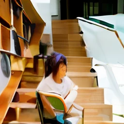 There was a woman sitting on the stairs of the library, xintong chen, wenfei ye, Purple attire, Purple top, In a library, Purple dress, Shot on Canon EOS R 6, Fanart, Li Zixin, sakimichan, personal profile picture, Profile image, jinyiwei, Profile picture, imagem de qualidade alta, taken with canon 8 0 d