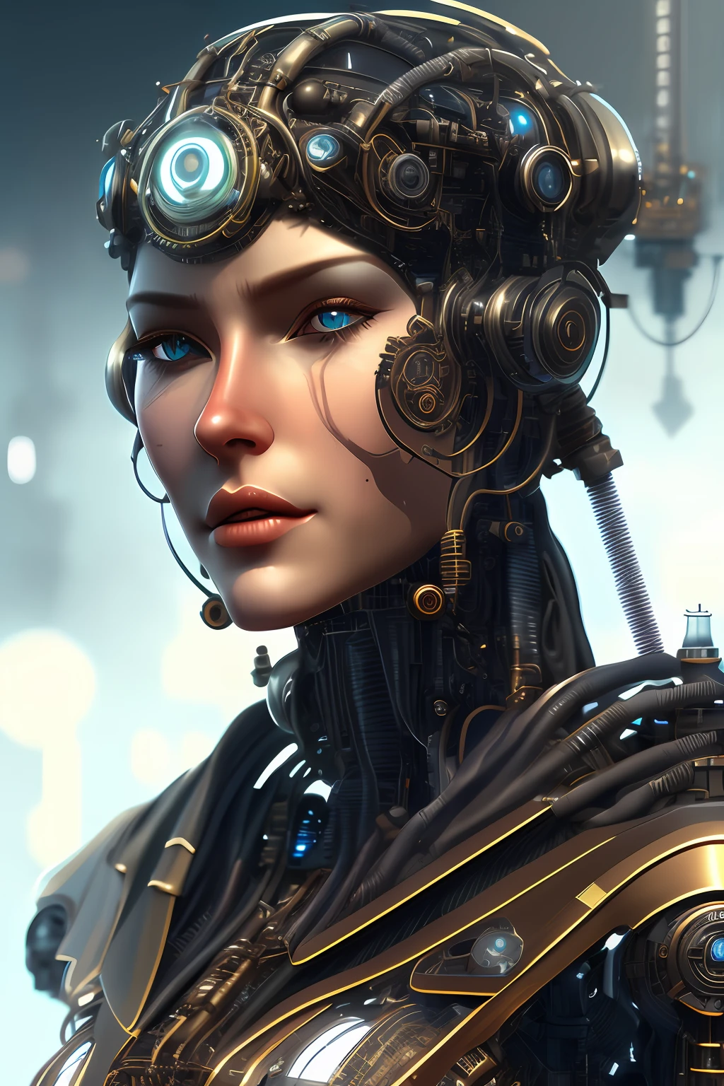 full body cyborg| full-length portrait| detailed face| symmetric| steampunk| cyberpunk| cyborg| intricate detailed| to scale| hyperrealistic| cinematic lighting| digital art| concept art| mdjrny-v4 style