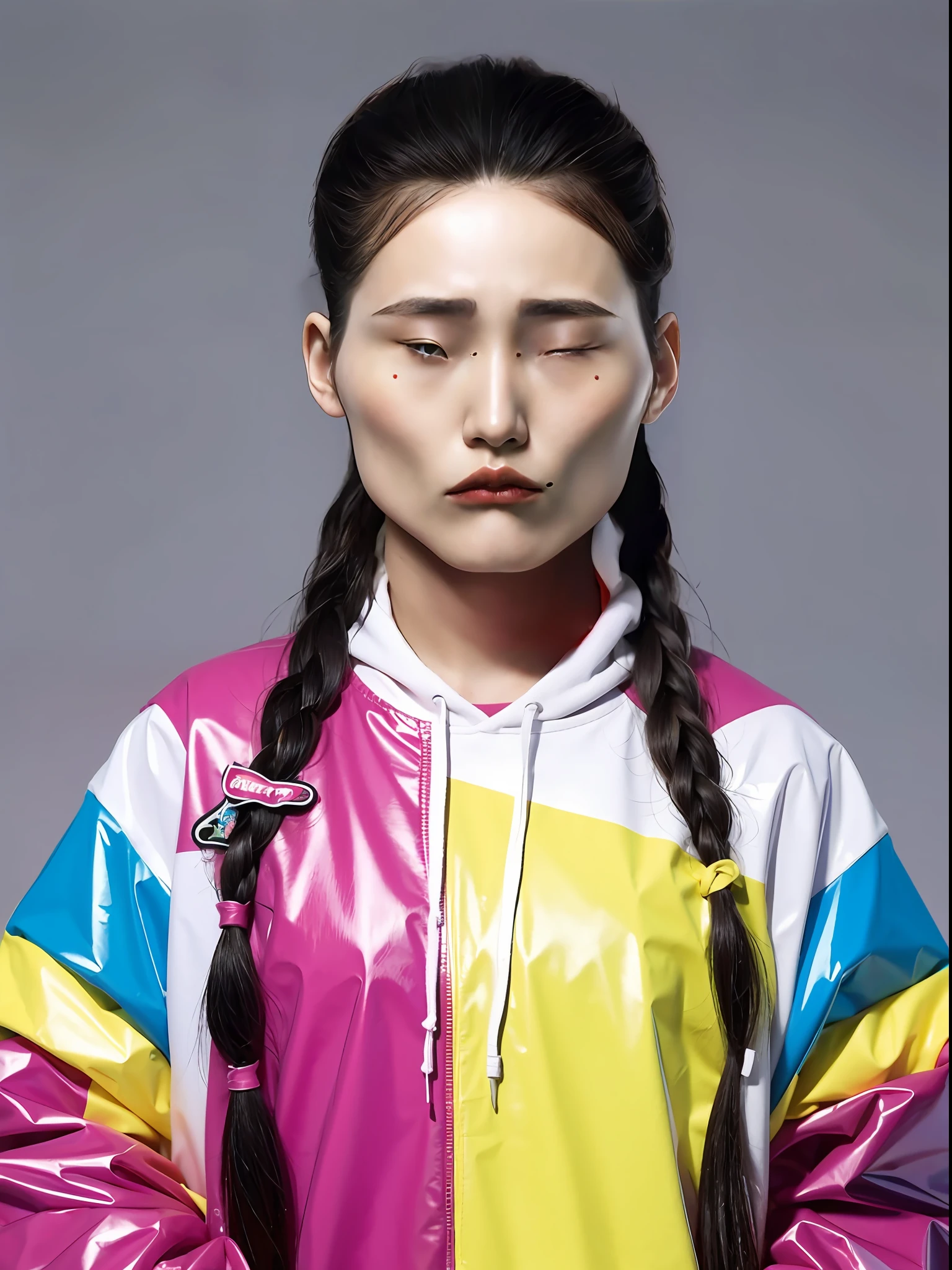 A Chinese high school girl，Wear a colorful PVC sweatshirt，long braid