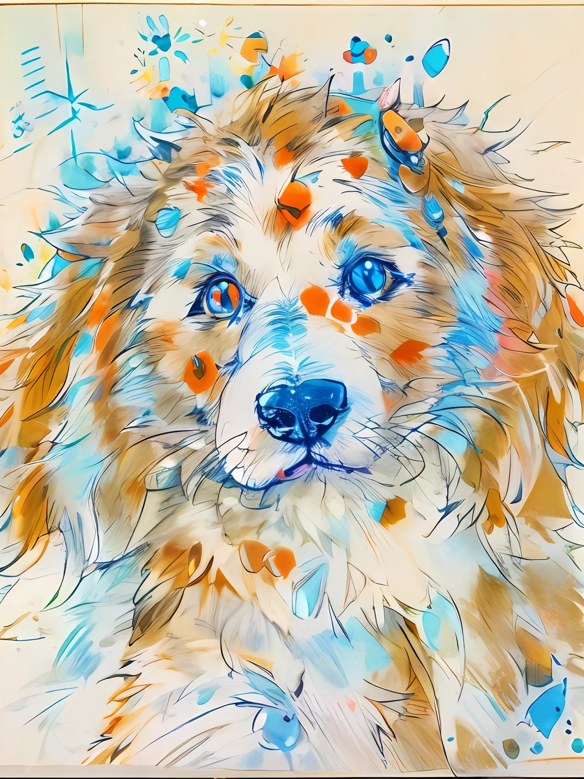Draw a dog with a ladybug on its head, 7 year old crayon drawing, colored ink drawing, painting of cute dog, inspired by Emil Nolde, painted in bright water colors, color drawing, character is covered in liquid, Blue dog, aquarelle, Inspired by John Holland, inspired by Howard Hodgkin, red and cyan ink, mottling coloring