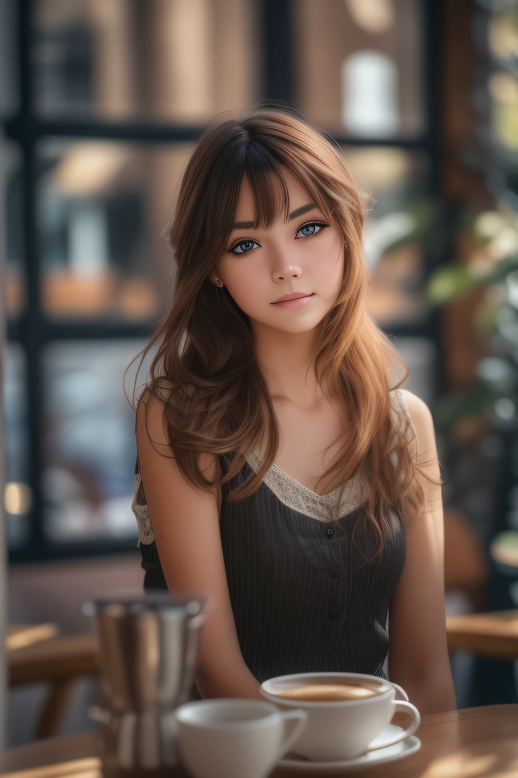 Girl in a café, brown-hair, brown eye, (8K, photo in RAW format, beste-Qualit, tmasterpiece:1.2), Ultra-detailed, (high-detailed skin:1.2), 8K UHD, DSLR camera, soft-lighting, hiquality