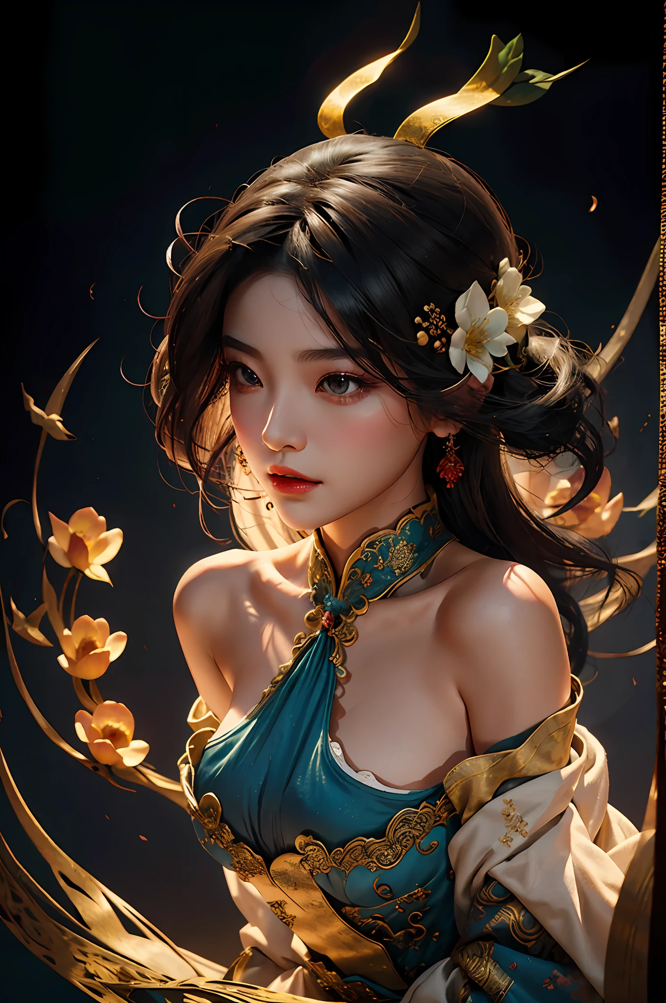 Zhong Fenghua， 1girll， （full bodyesbian） 独奏， Hanfu， flower  field， blossom flower， （Black smoke：1.4） （realisticlying：1.5）， datura， entangled， offcial art， Unity 8k壁纸， ultra - detailed， Beautiful and beautiful， tmasterpiece，best qualtiy， （dynamic angle：1.4）， （Realistic：1.5），（Real human photos；1.5），（Bigboobs：1.5），（Liuhai：1.5）（Shoulders exposed：1.5），Glowing skin， （Floating colorful flashes：1），The most beautiful forms of chaos，ellegance，Fauvistdesign，vivd colour，Romanticism Depth of Field，