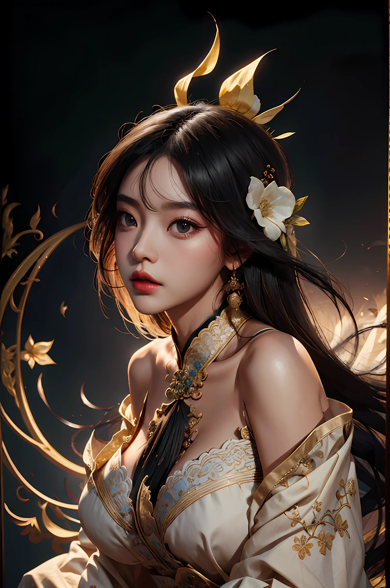 Zhong Fenghua， 1girll， （full bodyesbian） 独奏， Hanfu， flower  field， blossom flower， （Black smoke：1.4） （realisticlying：1.5）， datura， entangled， offcial art， Unity 8k壁纸， ultra - detailed， Beautiful and beautiful， tmasterpiece，best qualtiy， （dynamic angle：1.4）， （Realistic：1.5），（Real human photos；1.5），（Bigboobs：1.5），（Liuhai：1.5）（Shoulders exposed：1.5），Glowing skin， （Floating colorful flashes：1），The most beautiful forms of chaos，ellegance，Fauvistdesign，vivd colour，Romanticism Depth of Field，