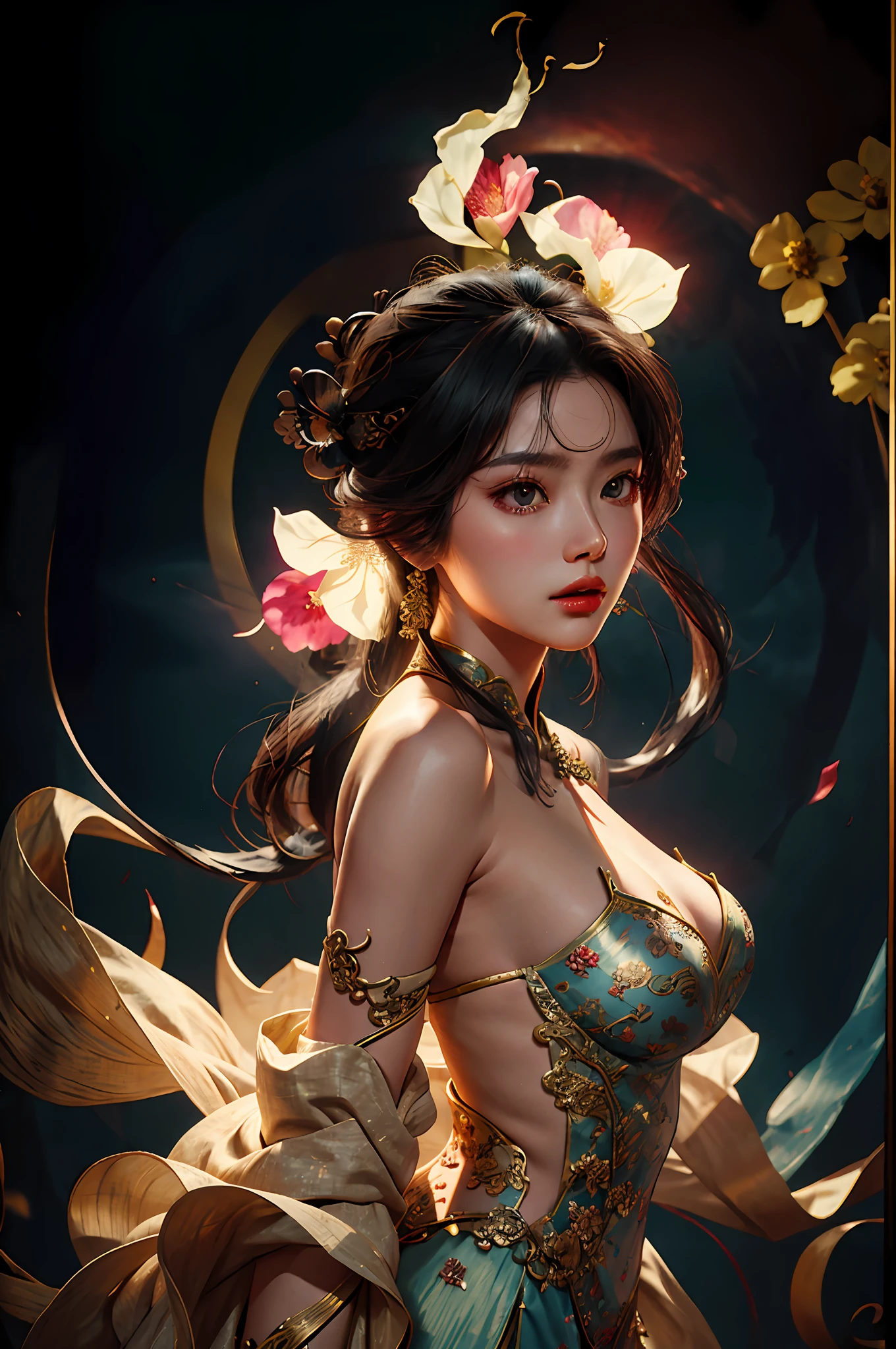 Zhong Fenghua, 1girll, (full bodyesbian) 独奏, Hanfu, flower field, blossom flower, (Black smoke:1.4) (realisticlying:1.5), datura, entangled, offcial art, Unity 8k壁纸, ultra - detailed, Beautiful and beautiful, tmasterpiece,best qualtiy, (dynamic angle:1.4), (Realistic:1.5),(Real human photos;1.5),(Bigboobs:1.5),(Liuhai:1.5)(Shoulders exposed:1.5),Glowing skin, (Floating colorful flashes:1),The most beautiful forms of chaos,ellegance,Fauvistdesign,vivd colour,Romanticism Depth of Field,