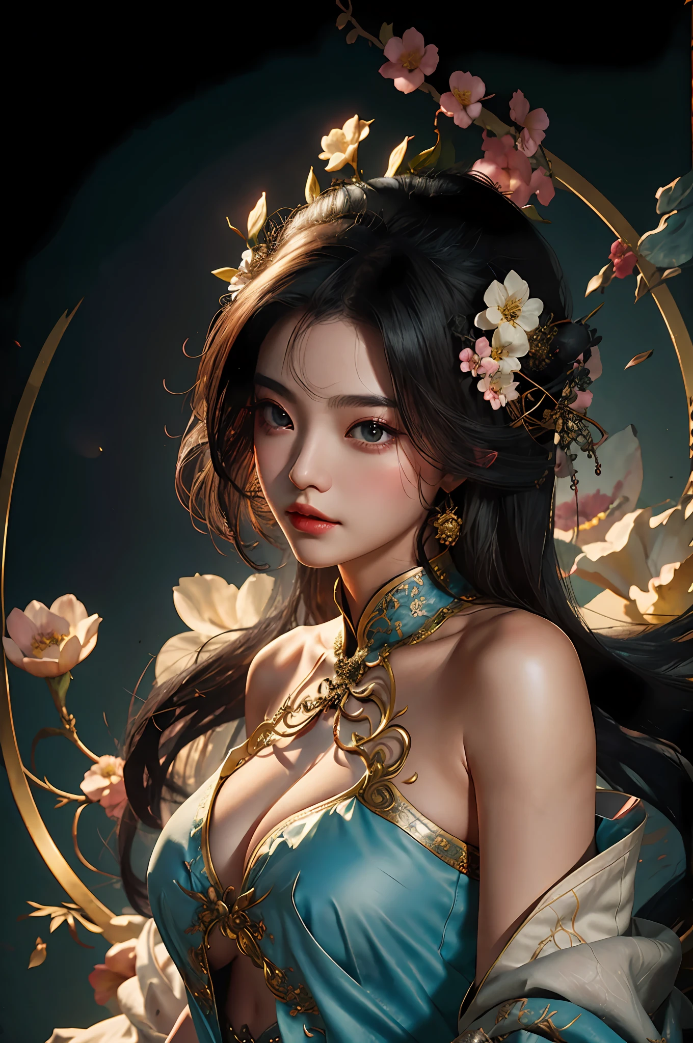 Zhong Fenghua， 1girll， （full bodyesbian） 独奏， Hanfu， flower  field， blossom flower， （Black smoke：1.4） （realisticlying：1.5）， datura， entangled， offcial art， Unity 8k壁纸， ultra - detailed， Beautiful and beautiful， tmasterpiece，best qualtiy， （dynamic angle：1.4）， （Realistic：1.5），（Real human photos；1.5），（Bigboobs：1.5），（Liuhai：1.5）（Shoulders exposed：1.5），Glowing skin， （Floating colorful flashes：1），The most beautiful forms of chaos，ellegance，Fauvistdesign，vivd colour，Romanticism Depth of Field，